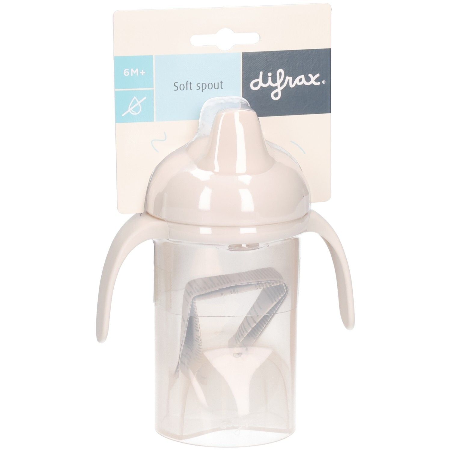 Becher mit weichem Ausguss und Griffen. Verpackung mit Produktinformationen. Marke Difrax.