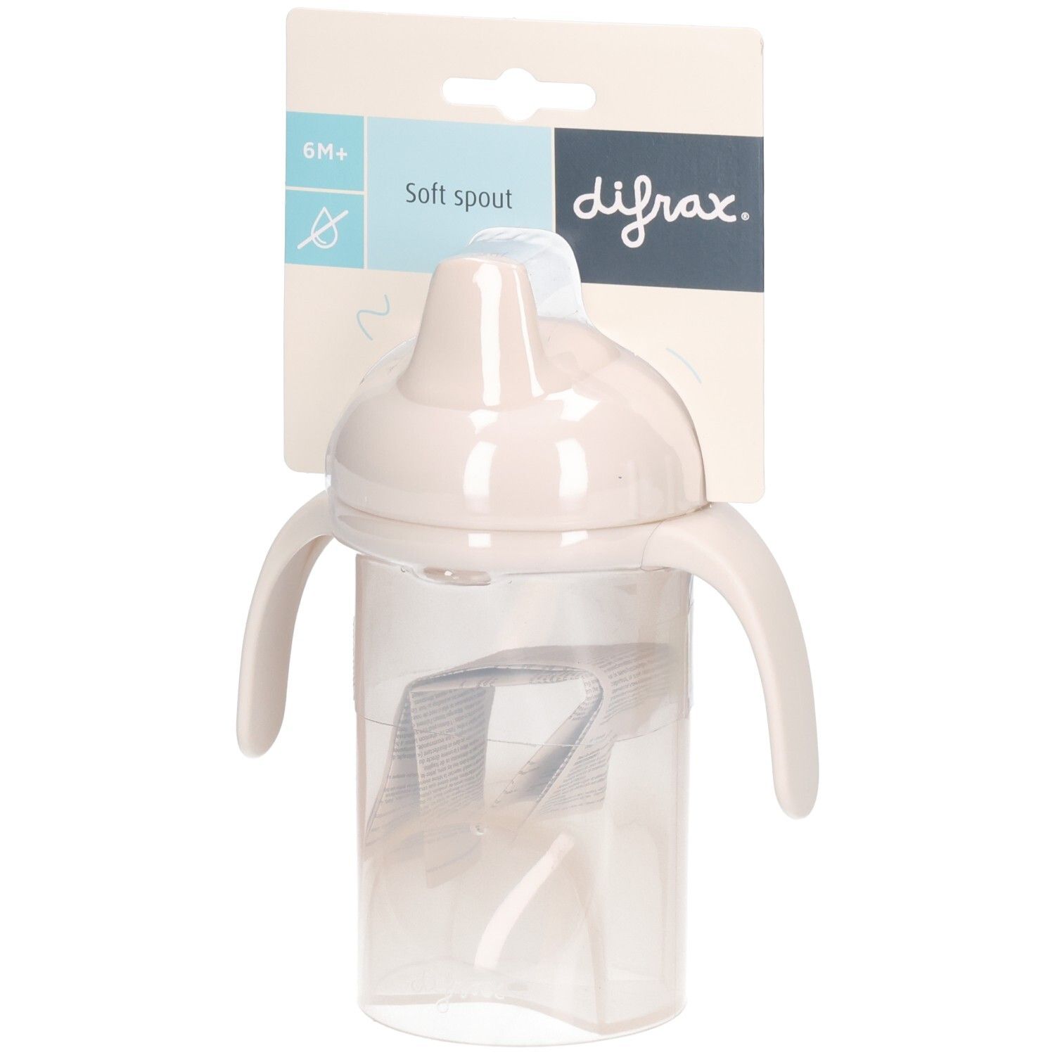 Becher mit weichem Ausguss und Griffen. Verpackung mit Produktinformationen. Marke Difrax.