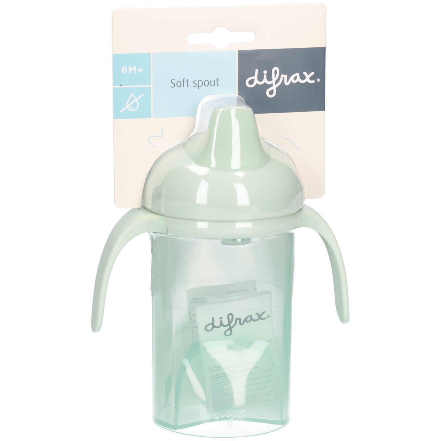 Grüner Trinkbecher mit Griffen und weichem Ausguss. Verpackt auf einer Karte mit Markennamen und Produktinformationen.