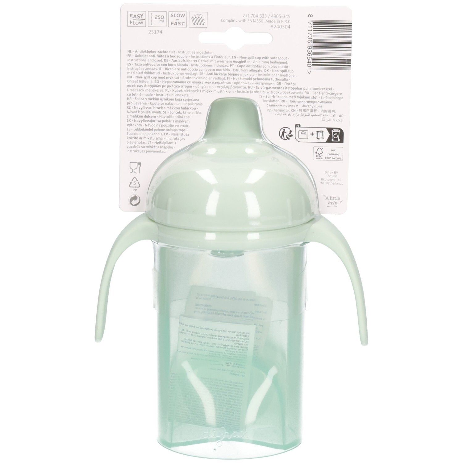 Grüner Trinkbecher mit Griffen und weichem Ausguss, auf einer Verpackungskarte mit Produktinformationen.