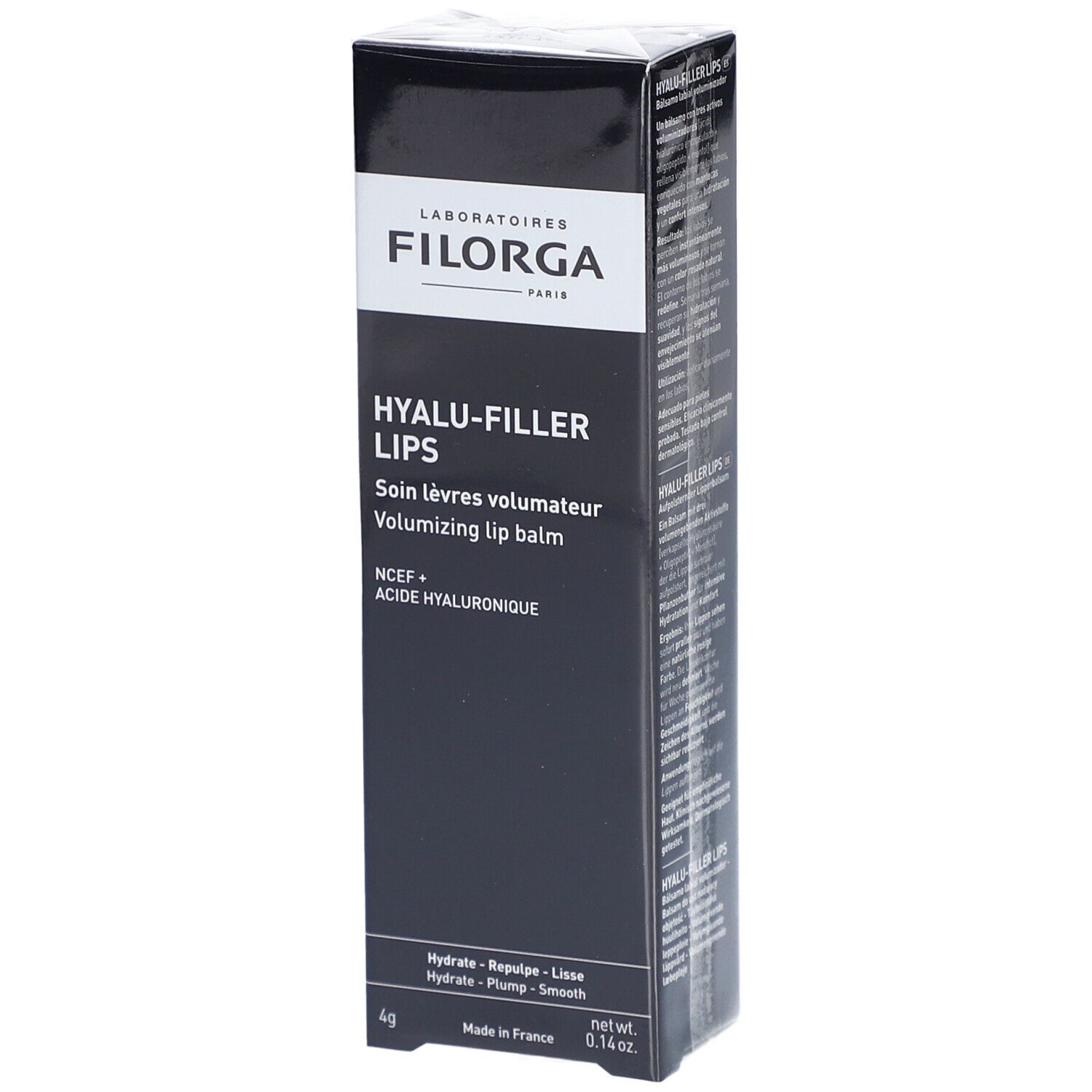 Filorga Hyalu-Filler Lippenbalsam. Schwarze Verpackung mit weißer Schrift. Produktname und Inhaltsstoffe sind sichtbar.