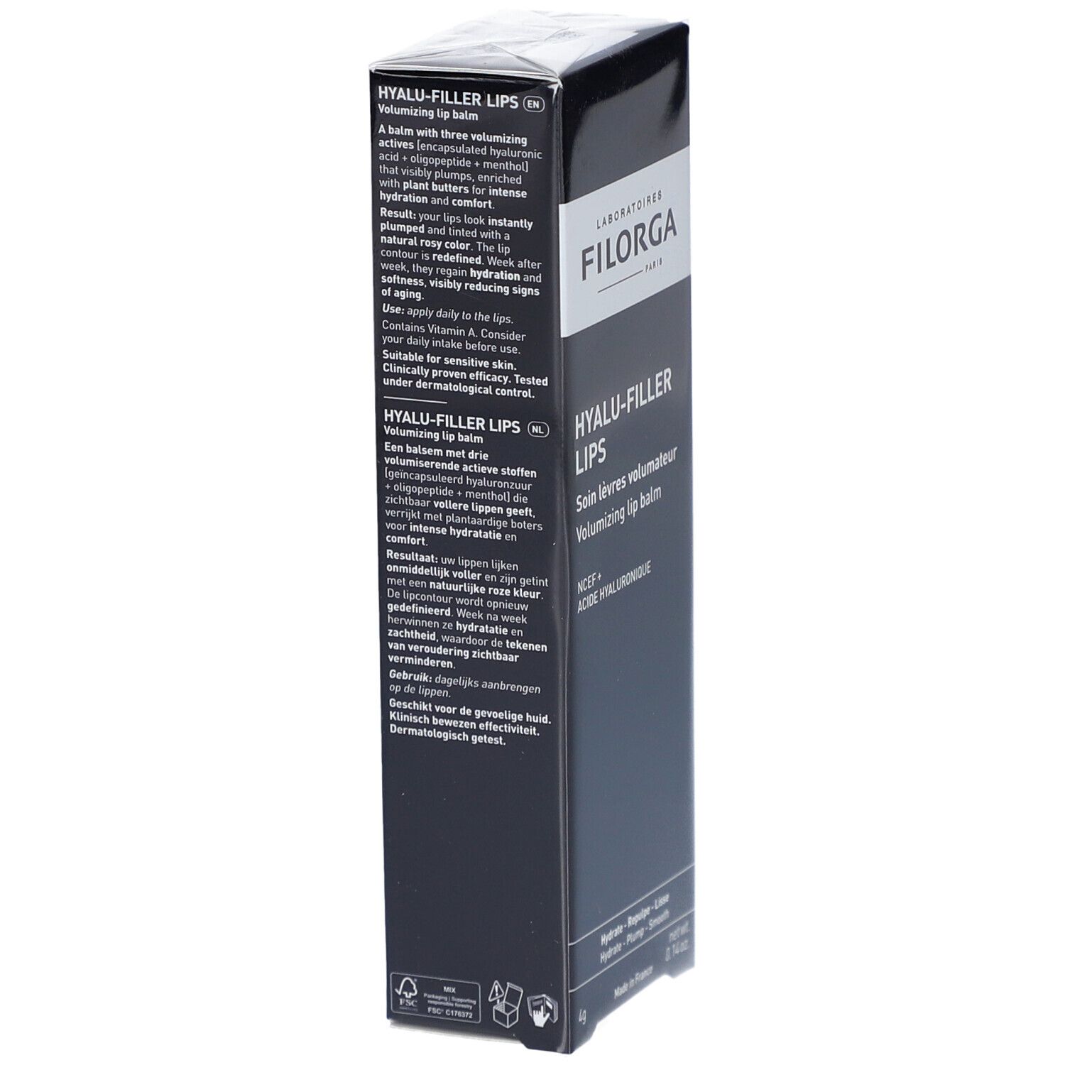 Filorga Hyalu-Filler Lippenbalsam Verpackung. Schwarzer Hintergrund, weiße Schrift. Produktbeschreibung und Inhaltsstoffe.