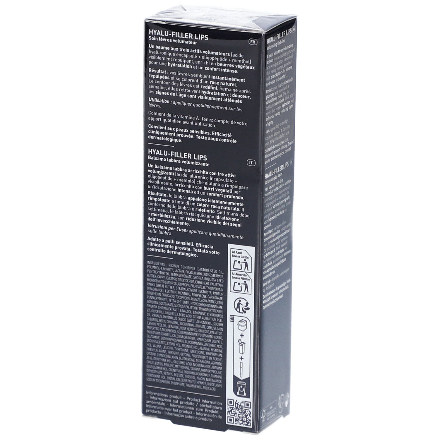 Filorga Hyalu-Filler Lippenbalsam Verpackung. Schwarzer Hintergrund, weiße Schrift. Produktbeschreibung und Inhaltsstoffe.