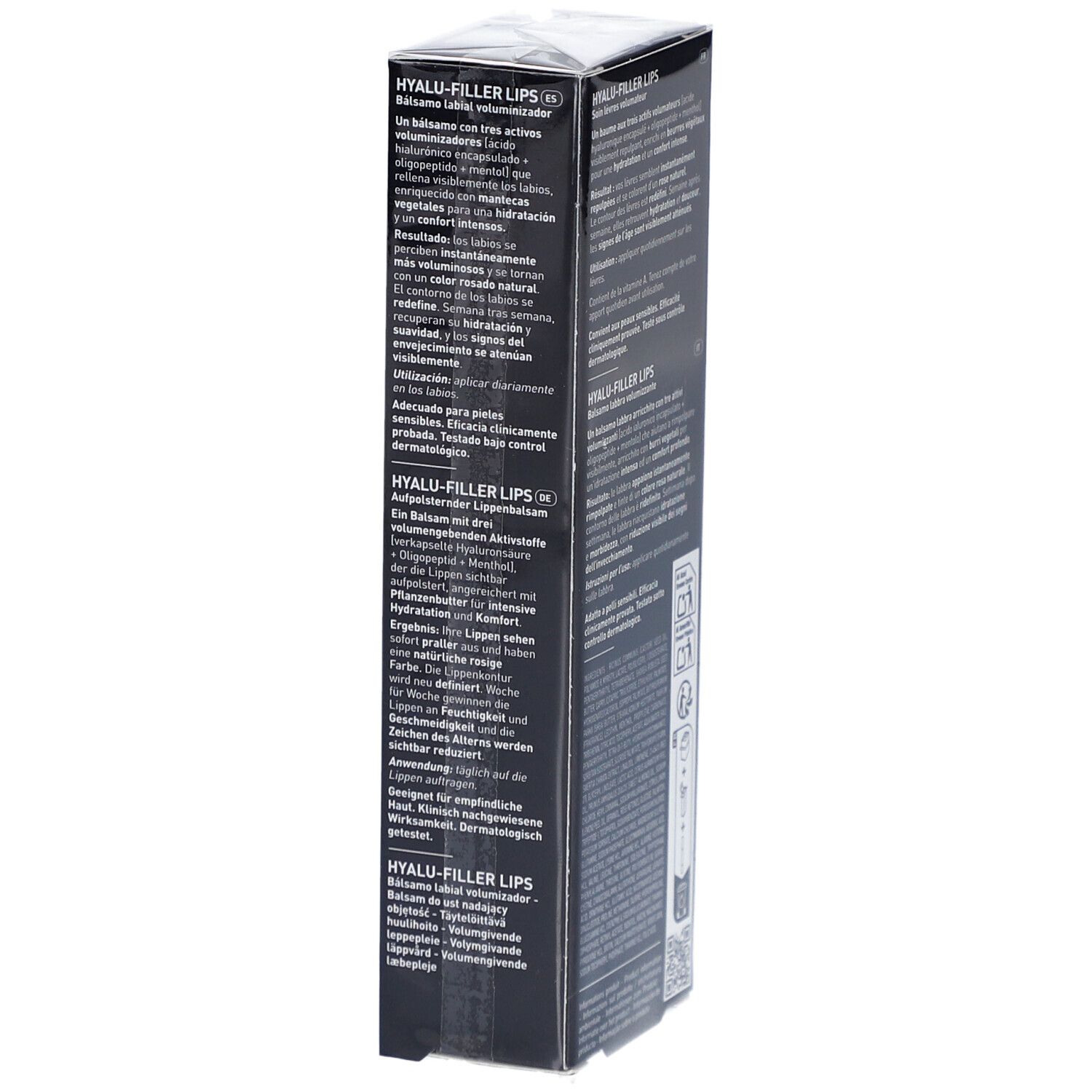 Filorga Hyalu-Filler Lippenbalsam Verpackung. Schwarzer Hintergrund, weiße Schrift. Produktbeschreibung und Inhaltsstoffe.