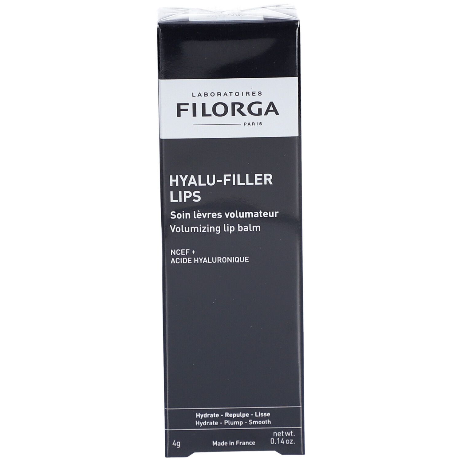 Filorga Hyalu-Filler Lippenbalsam. Schwarze Verpackung mit weißer Schrift. Produktname und Inhaltsstoffe sind sichtbar.