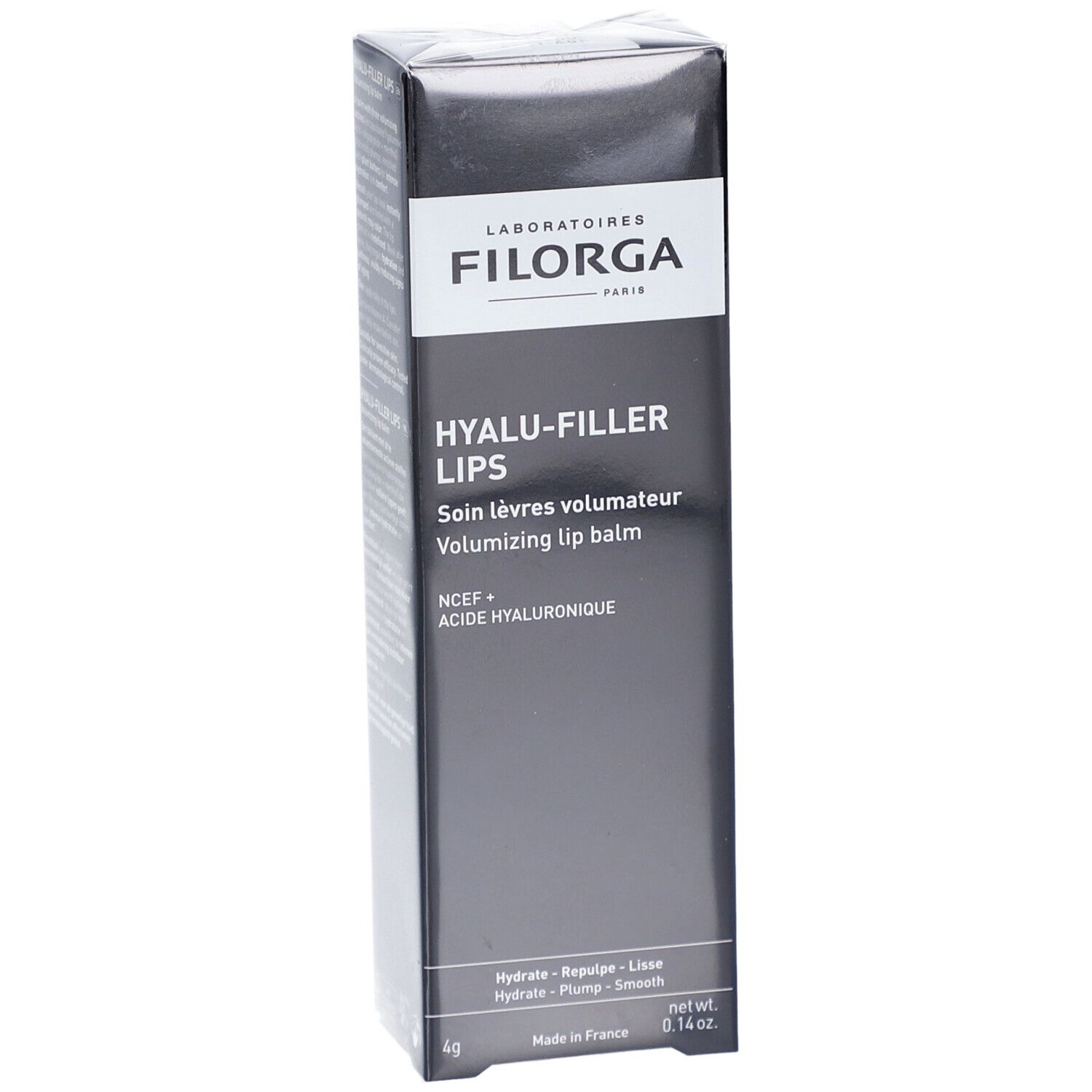 Filorga Hyalu-Filler Lippenbalsam. Schwarze Verpackung mit weißer Schrift. Produktname und Inhaltsstoffe sind sichtbar.