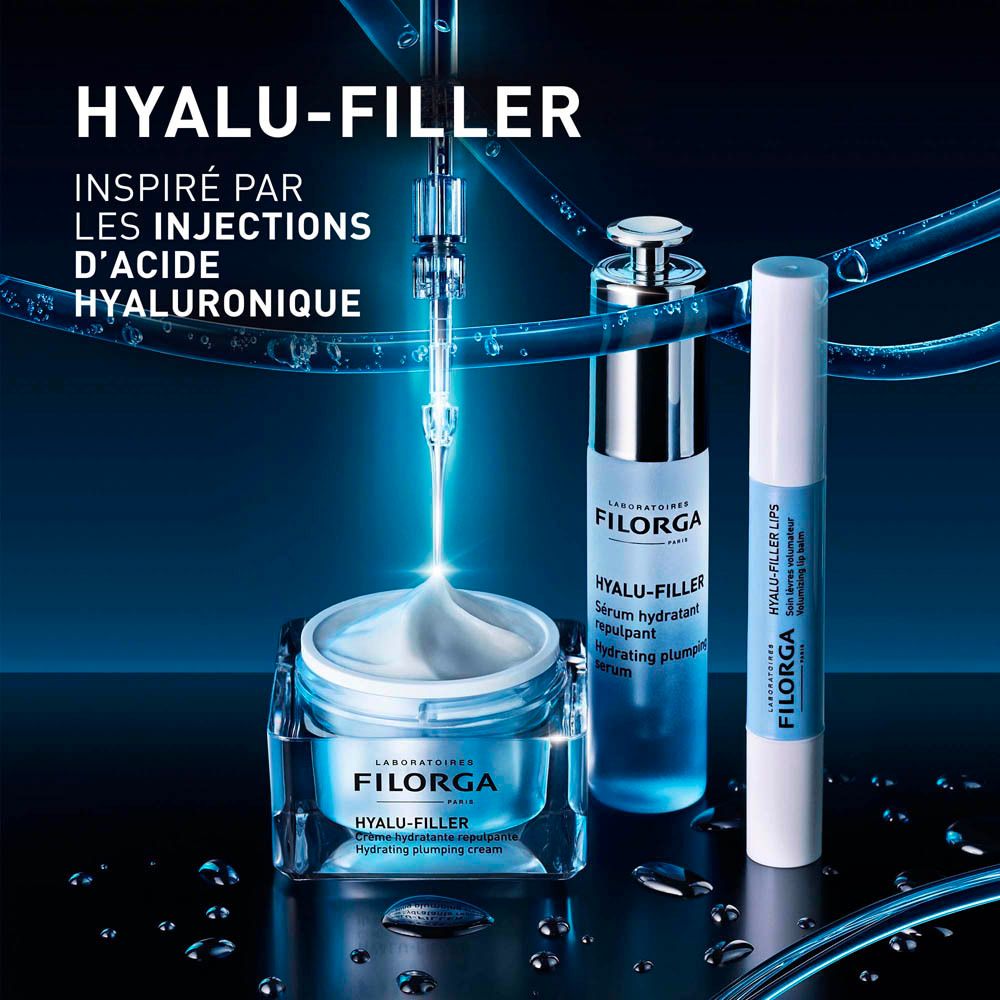 Produits Filorga Hyalu-Filler. Crème, sérum et baume à lèvres. Emballage bleu et blanc.