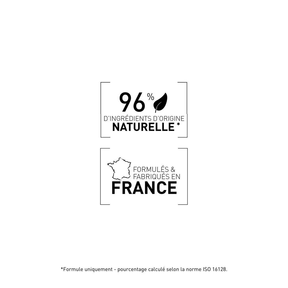 Certifications. 96% d'ingrédients naturels. Fabriqué en France. Texte.