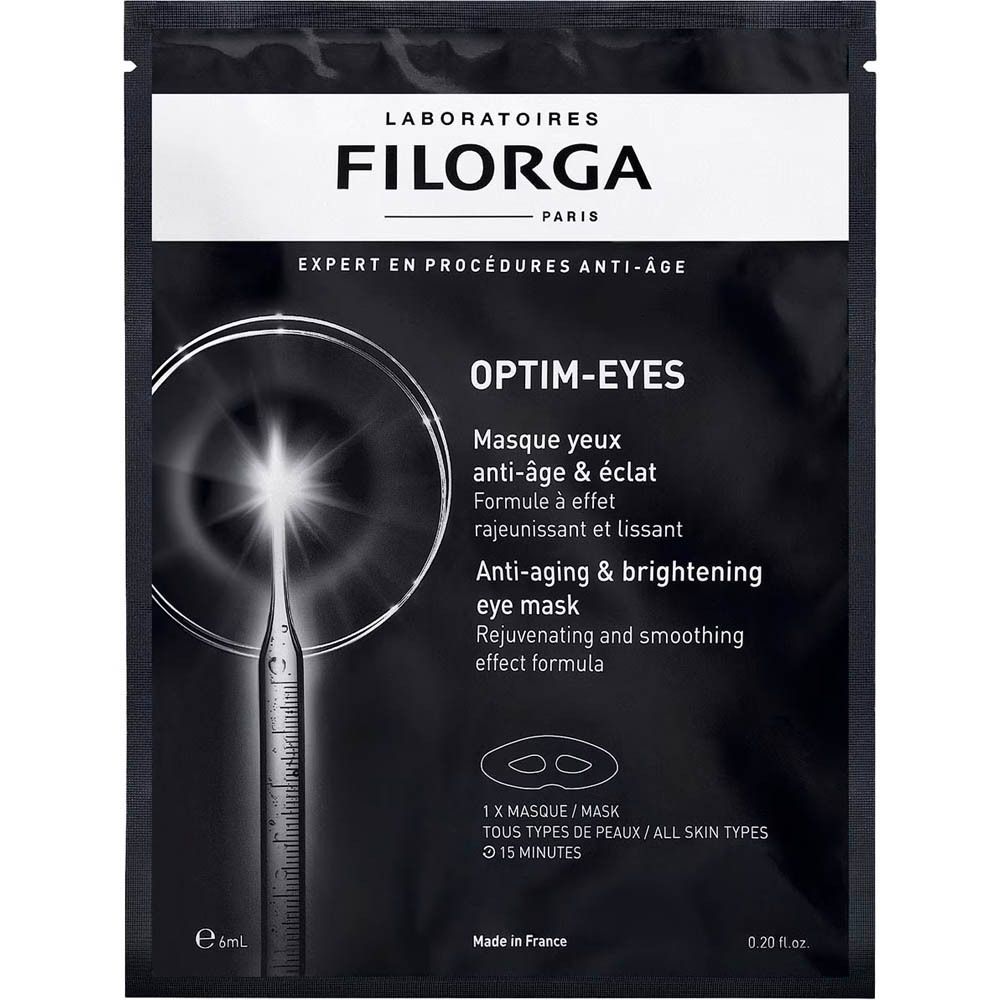 Sachet noir Filorga Optim-Eyes. Texte blanc: Optim-Eyes, anti-âge & éclat. 1 masque, tous types de peaux. 15 minutes.