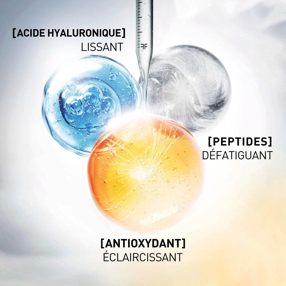 Représentation graphique des ingrédients: acide hyaluronique, peptides, antioxydants.