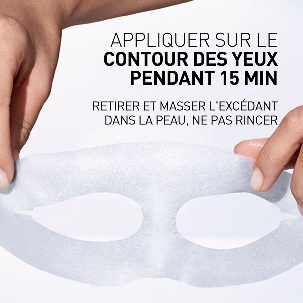 Gros plan d'une main appliquant un masque pour les yeux. Texte: 15 minutes.