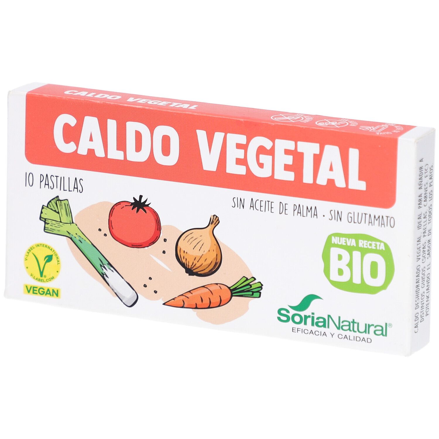 Kartonverpackung mit Aufschrift "Caldo Vegetal". Enthält Gemüse-Illustrationen und das Bio-Siegel.