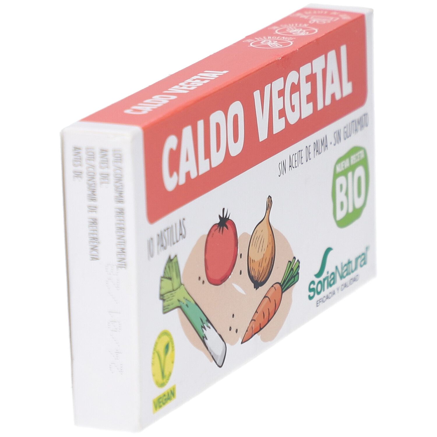 Schräg gestellte Kartonverpackung mit "Caldo Vegetal" Aufschrift. Enthält Gemüse-Illustrationen und Bio-Siegel.