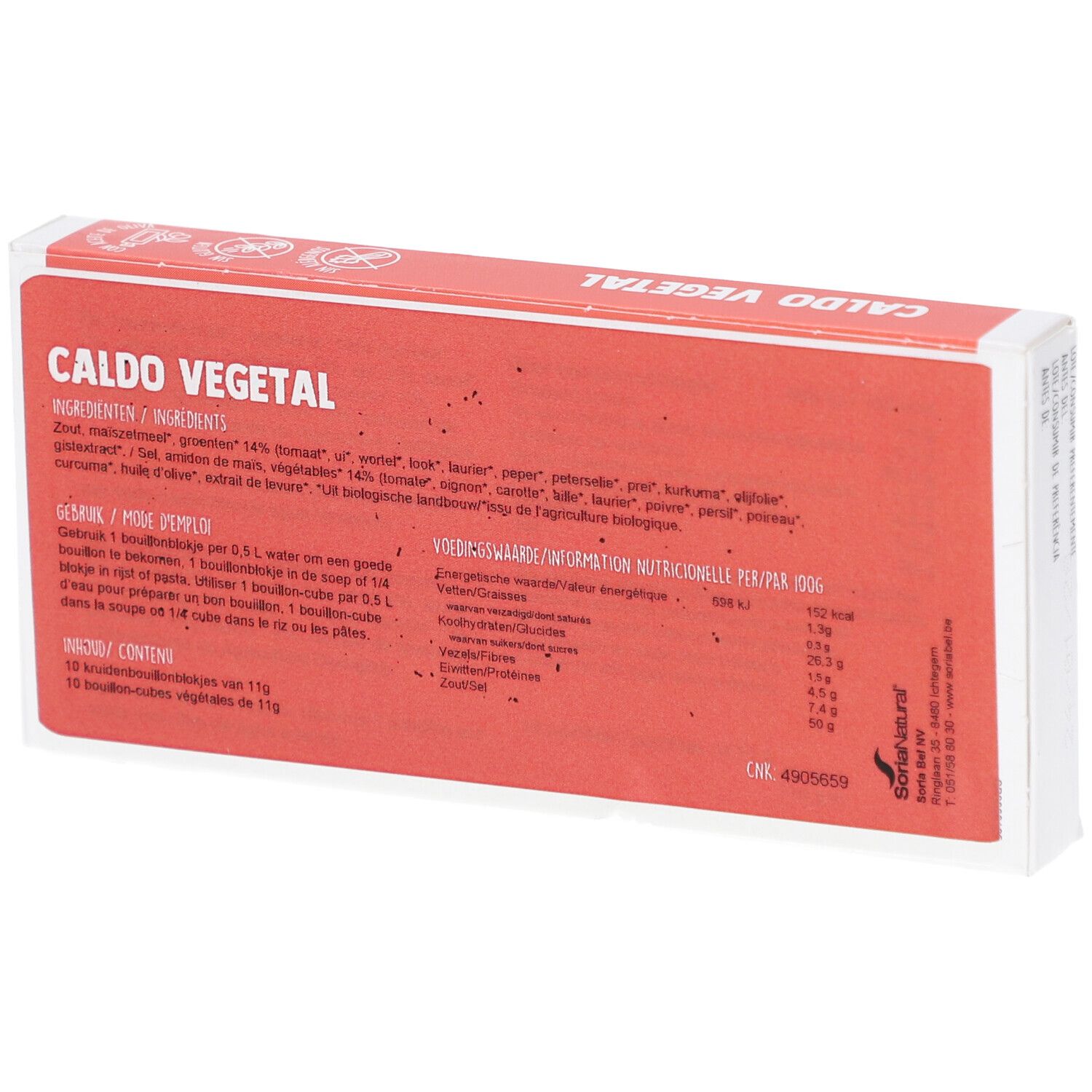 Rückseite der Kartonverpackung mit Zutatenliste und Nährwertangaben. Text in spanischer Sprache.