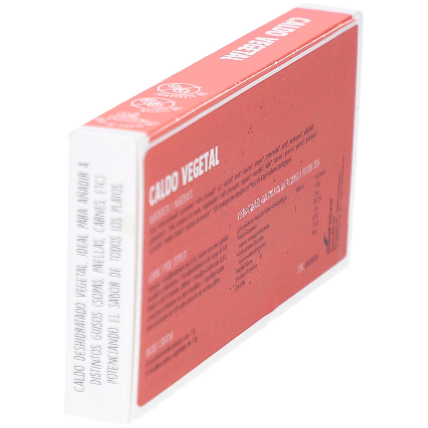 Schräg gestellte Kartonverpackung mit Text. Enthält Informationen zur Verwendung und Nährwertangaben.