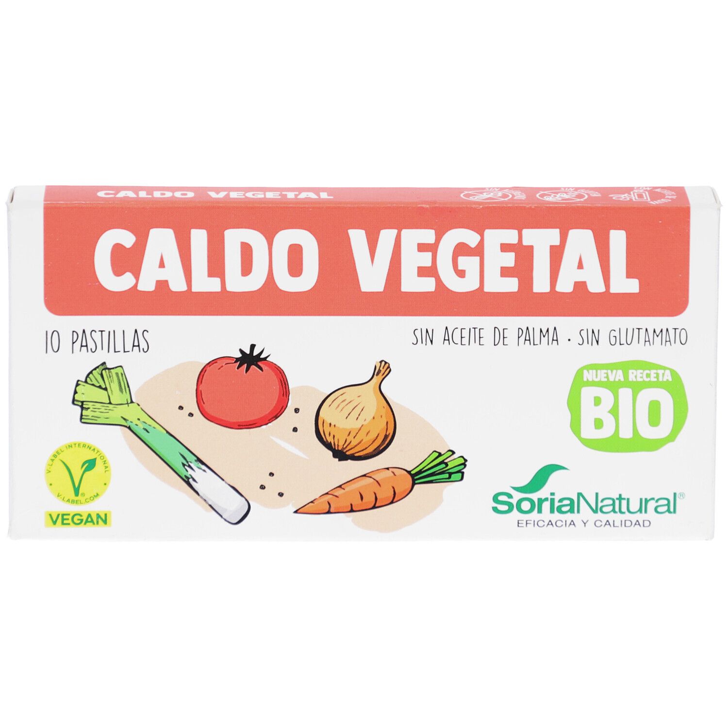 Kartonverpackung mit "Caldo Vegetal" Aufschrift, Gemüse-Illustrationen und Bio-Siegel. 10 Pastillen.