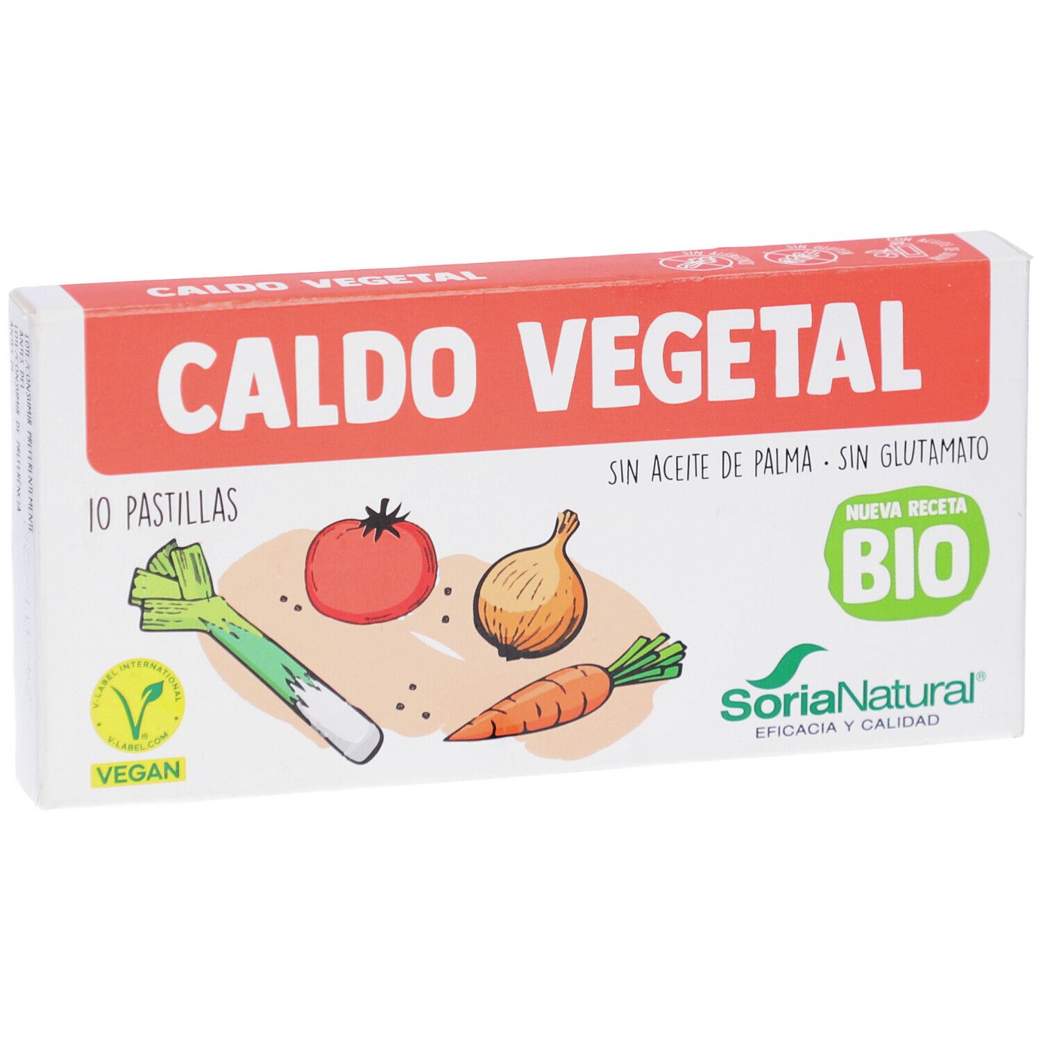 Kartonverpackung mit "Caldo Vegetal" Aufschrift, Gemüse-Illustrationen und Bio-Siegel. 10 Pastillen.