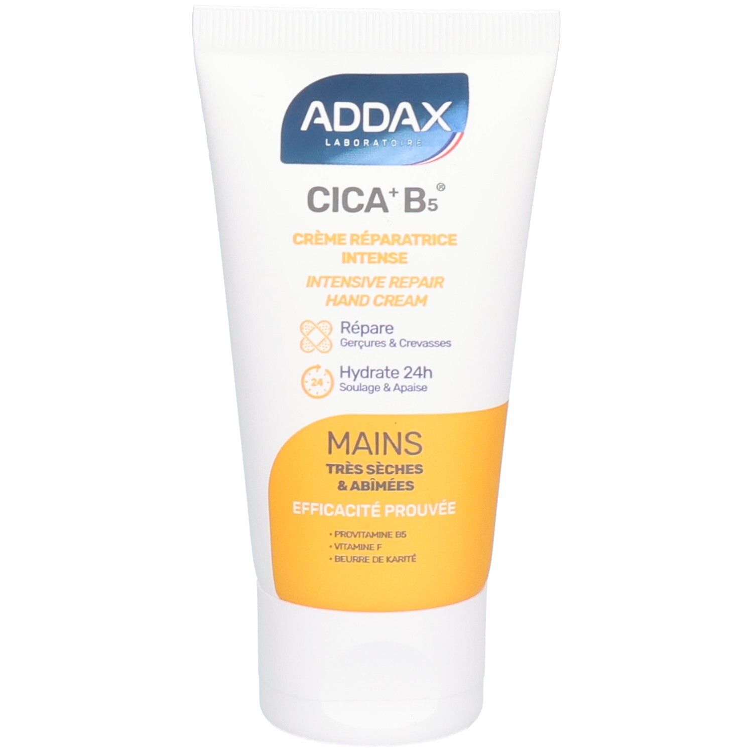 Weiße Tube ADDAX Crème Mains Cica-B+ mit blauer und gelber Beschriftung. Enthält Handcreme. Text: Cica-B5, Crème Réparatrice Intense.