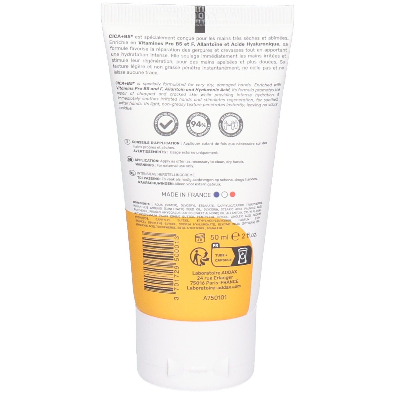 Rückseite der weißen Tube ADDAX Crème Mains Cica-B+ mit Text und gelbem Streifen. Enthält Informationen zum Produkt.