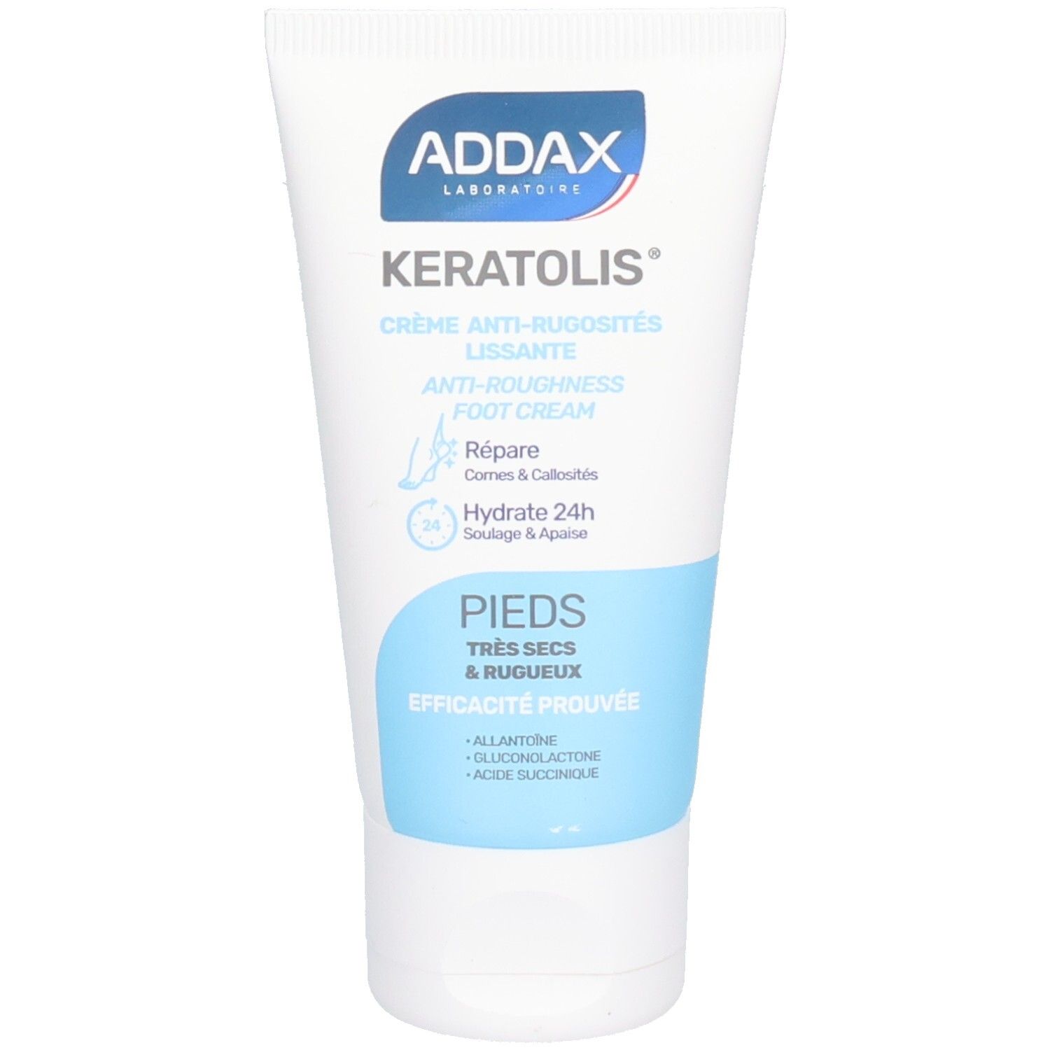 Weiße Tube mit blauem Streifen. Aufschrift: ADDAX, Keratolis, Crème Lissante Pieds Très Secs et Rugueux. Anti-Rauheit Fußcreme.