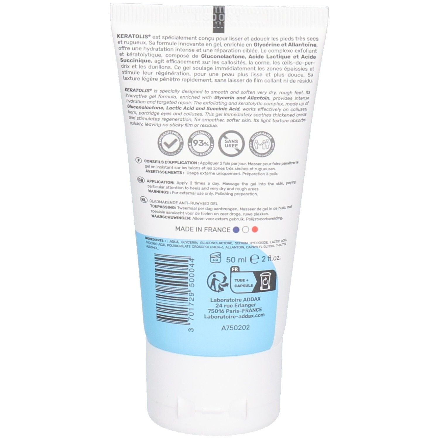 Rückseite der Tube. Text in Französisch. Enthält Informationen über die Inhaltsstoffe und Anwendung. 50 ml.