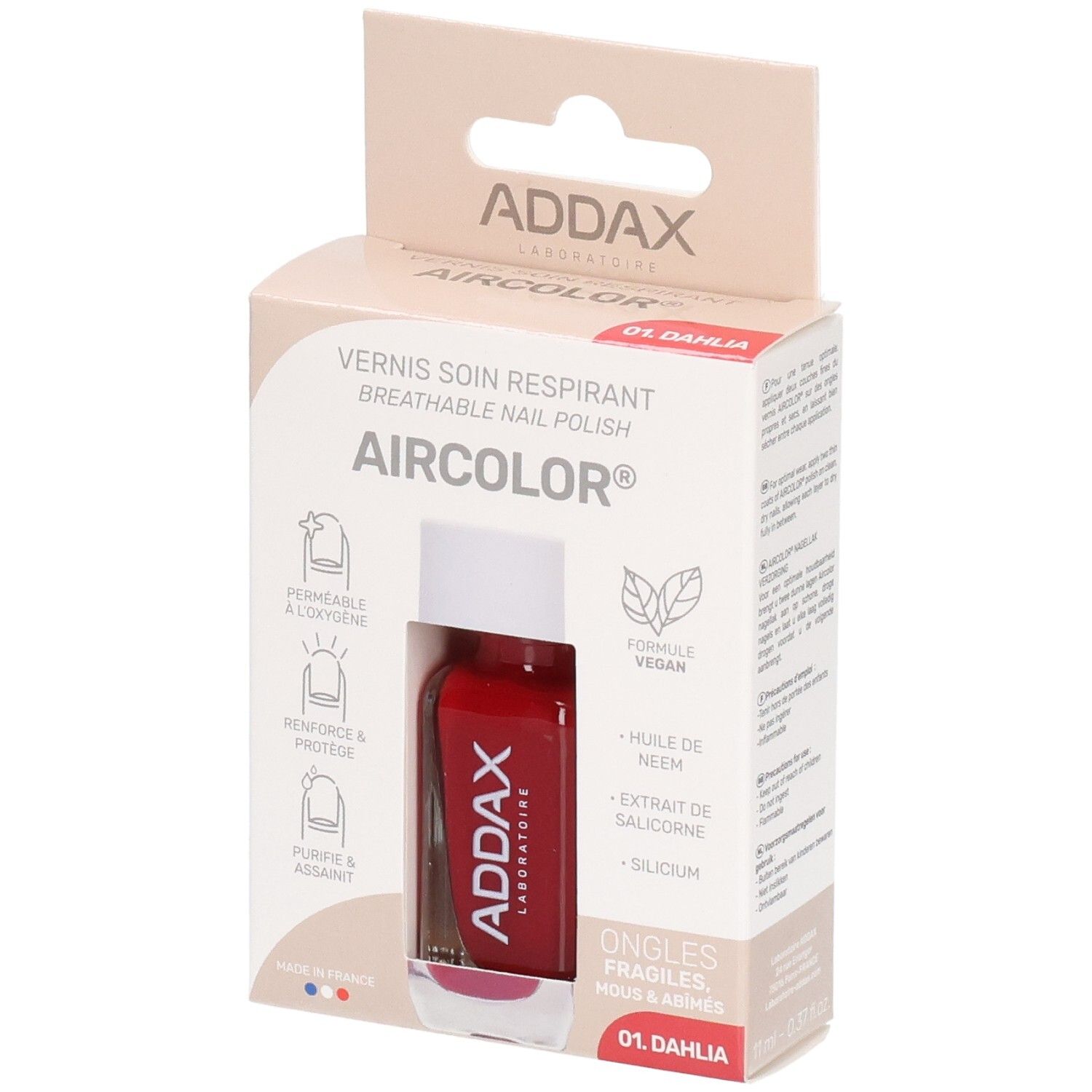 Nagellack-Fläschchen in Verpackung. Rote Farbe, Marke ADDAX. Verpackung mit Produktinformationen.