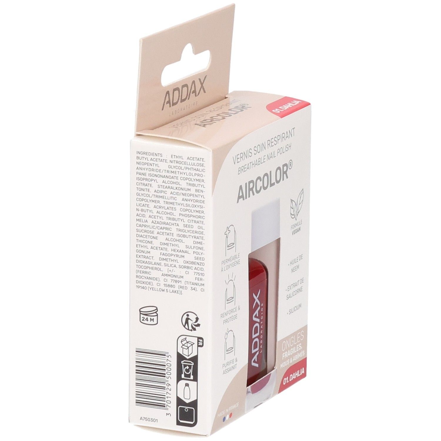 Verpackung mit Nagellack-Fläschchen. Rückseite mit Inhaltsstoffen und Produktinformationen. Marke ADDAX.