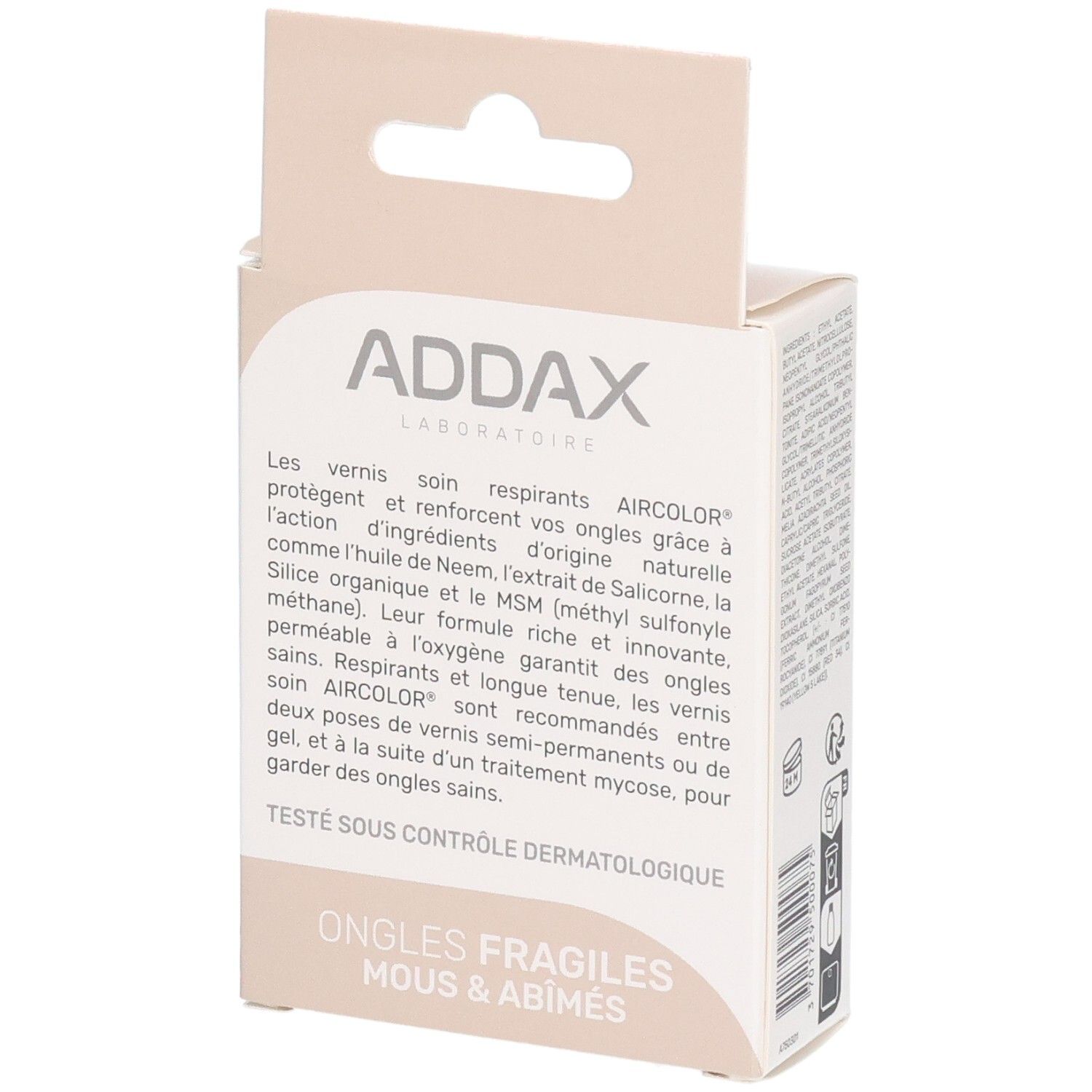 Verpackung mit Produktinformationen. Marke ADDAX. Text über die Eigenschaften des Nagellacks.