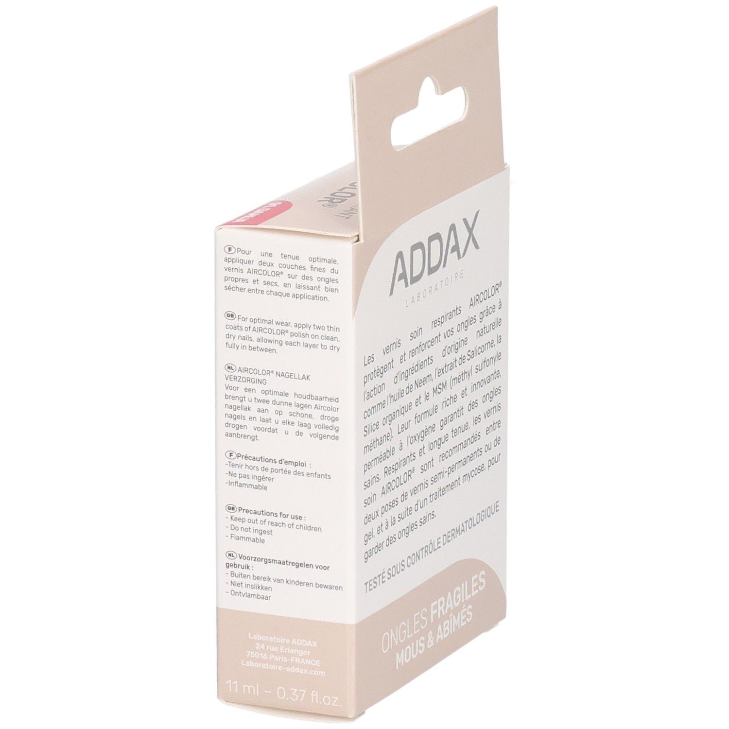 Verpackung mit Produktinformationen. Marke ADDAX. Text über die Anwendung des Nagellacks.