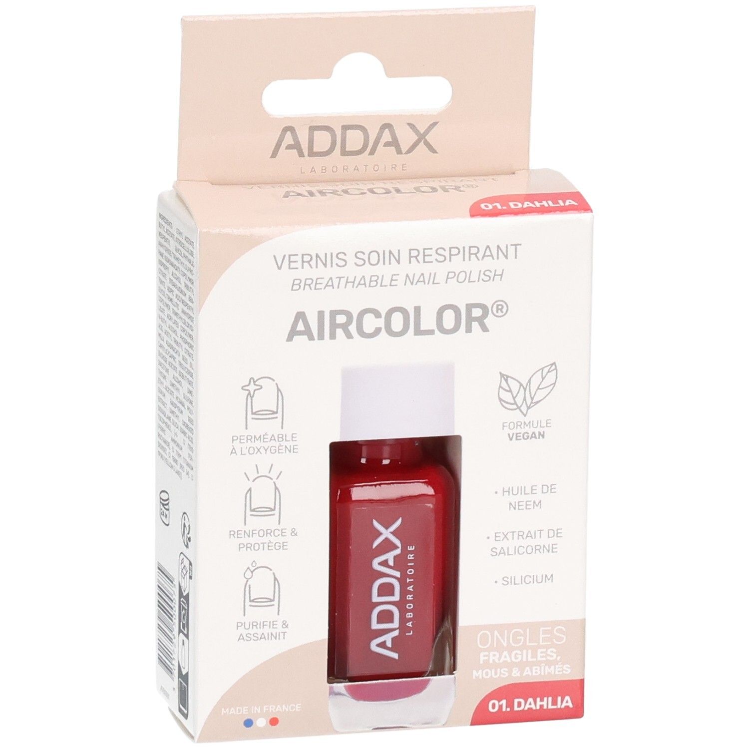 Nagellack-Fläschchen in Verpackung. Rote Farbe, Marke ADDAX. Verpackung mit Produktinformationen.
