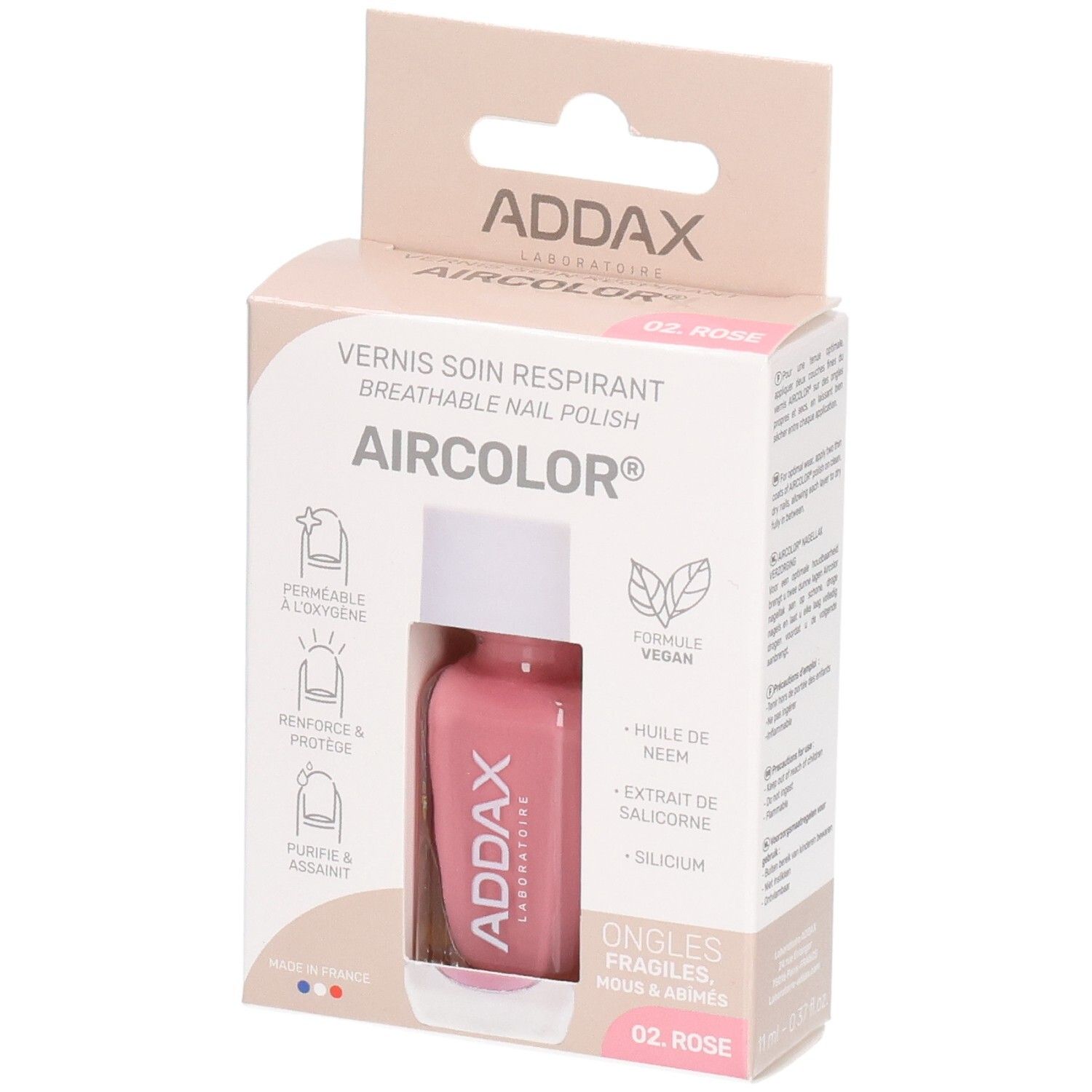 Rosa Nagellackflasche in Verpackung. Marke ADDAX, Aircolor. Aufschrift: Vernis soin respirant, 02 Rose. Vegan.