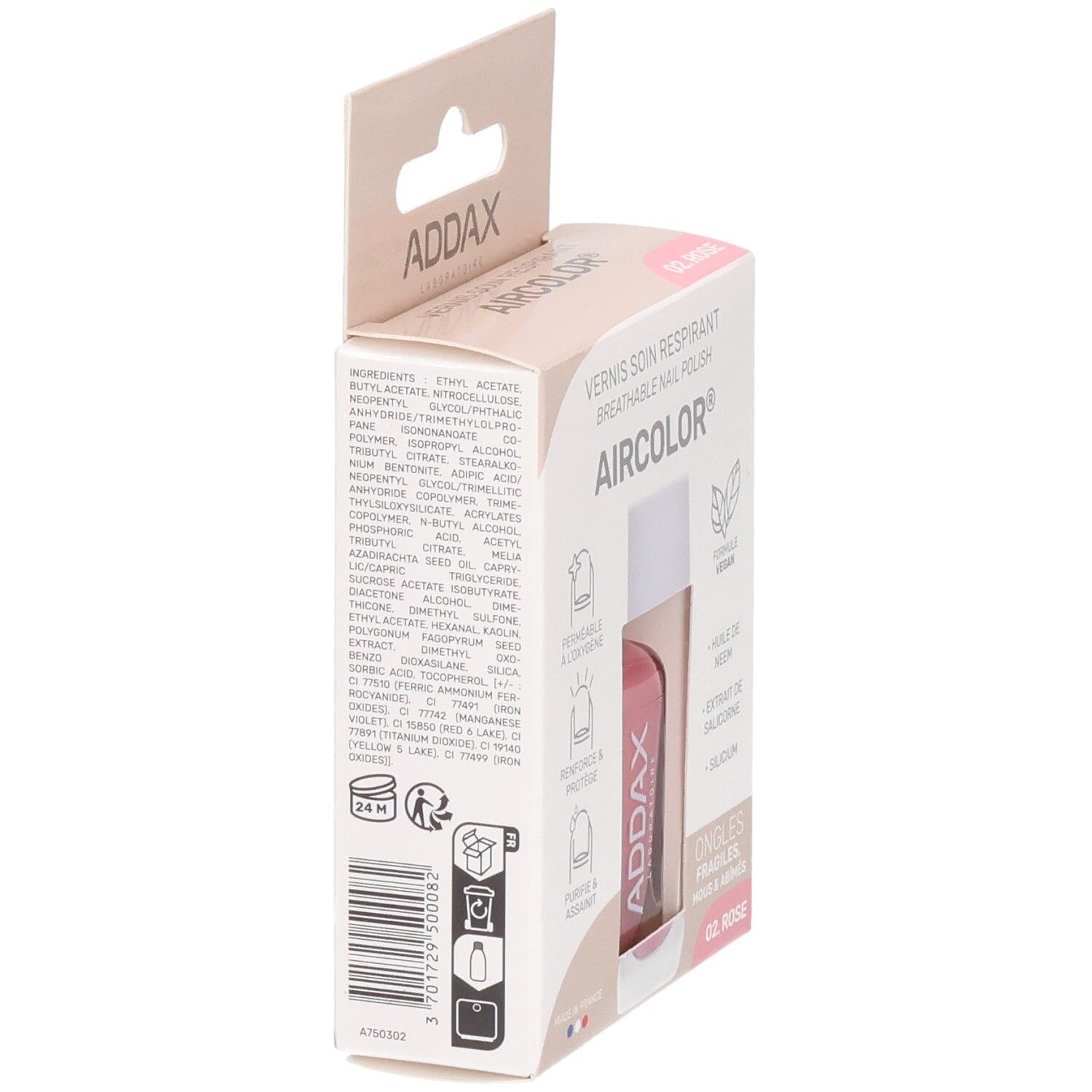 Verpackung von ADDAX Aircolor Nagellack. Seitenansicht mit Inhaltsstoffen und Barcode. Aufschrift: Vernis soin respirant, 02 Rose.