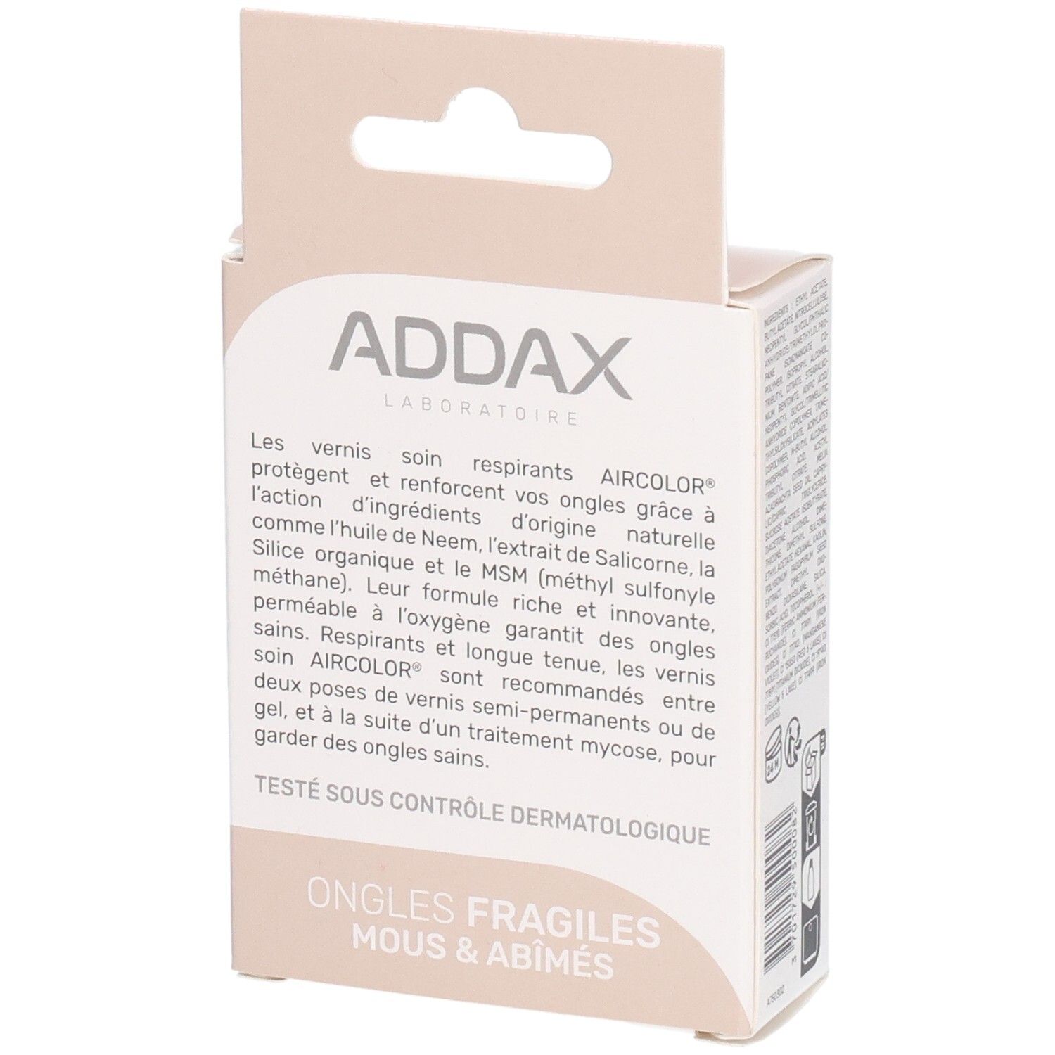Rückseite der ADDAX Aircolor Nagellackverpackung. Text über die Eigenschaften des Produkts. Aufschrift: Ongles fragiles, mous & abîmés.