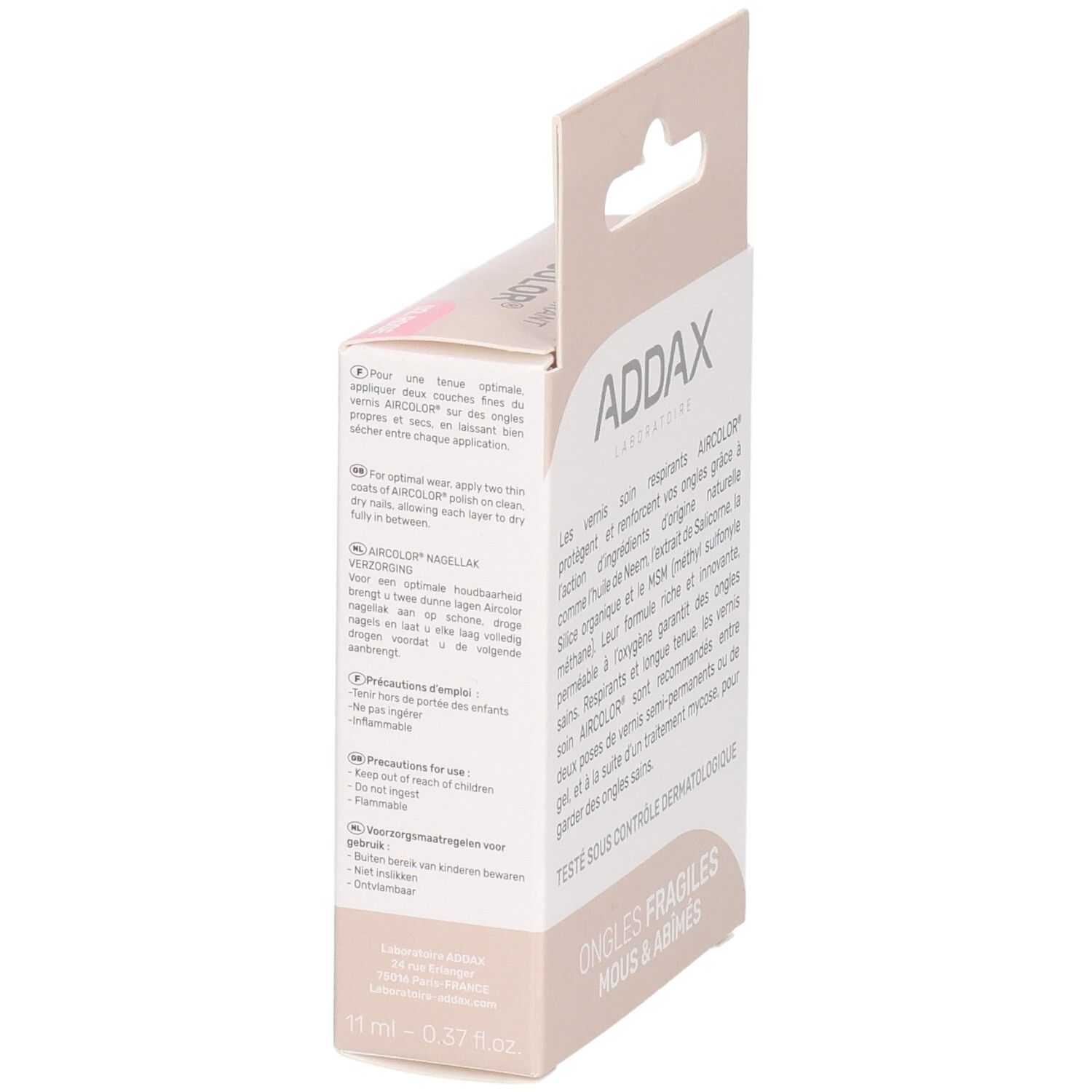 Seite der ADDAX Aircolor Nagellackverpackung. Anweisungen zur Anwendung. Aufschrift: Ongles fragiles, mous & abîmés.