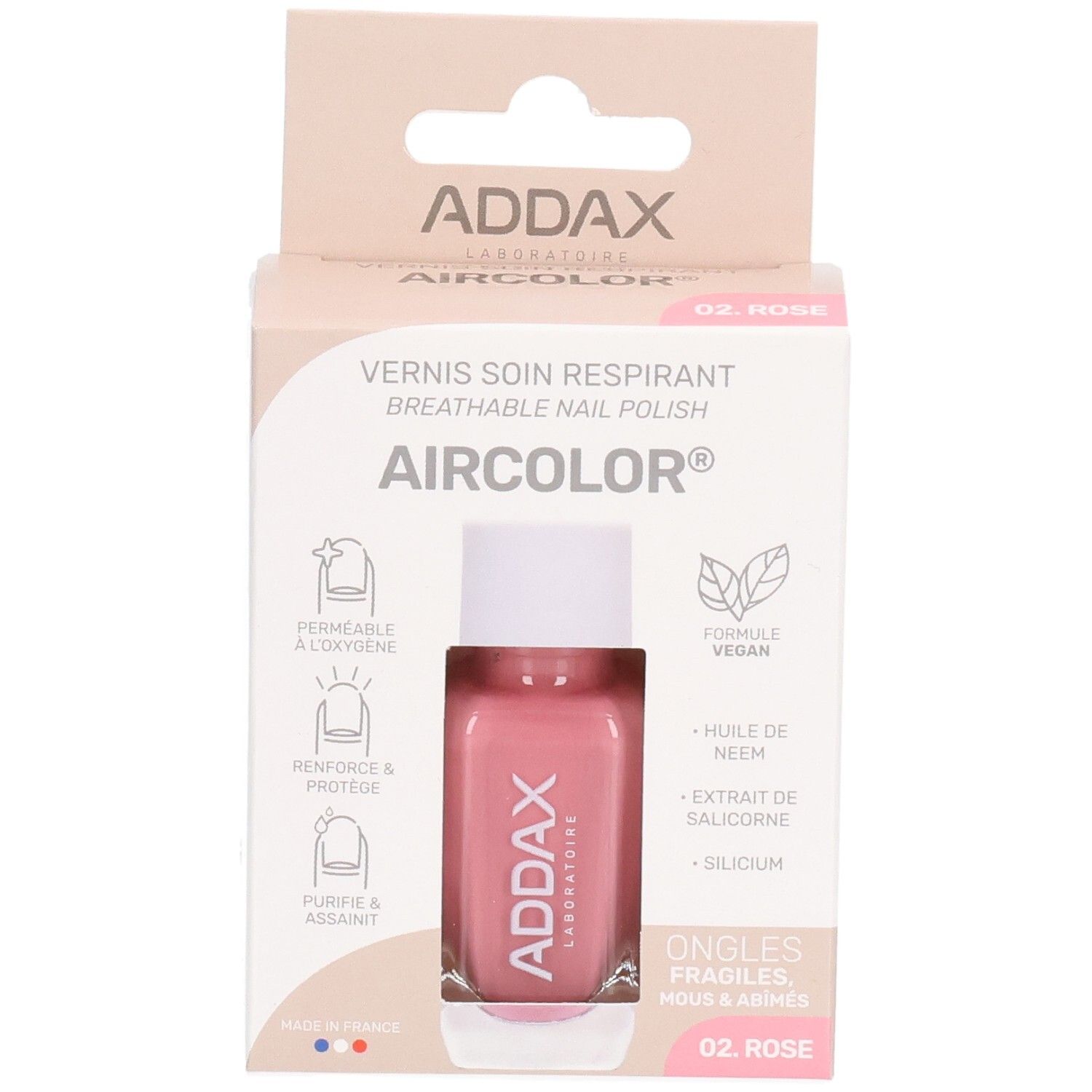 Rosa Nagellackflasche in Verpackung. Marke ADDAX, Aircolor. Aufschrift: Vernis soin respirant, 02 Rose. Vegan.