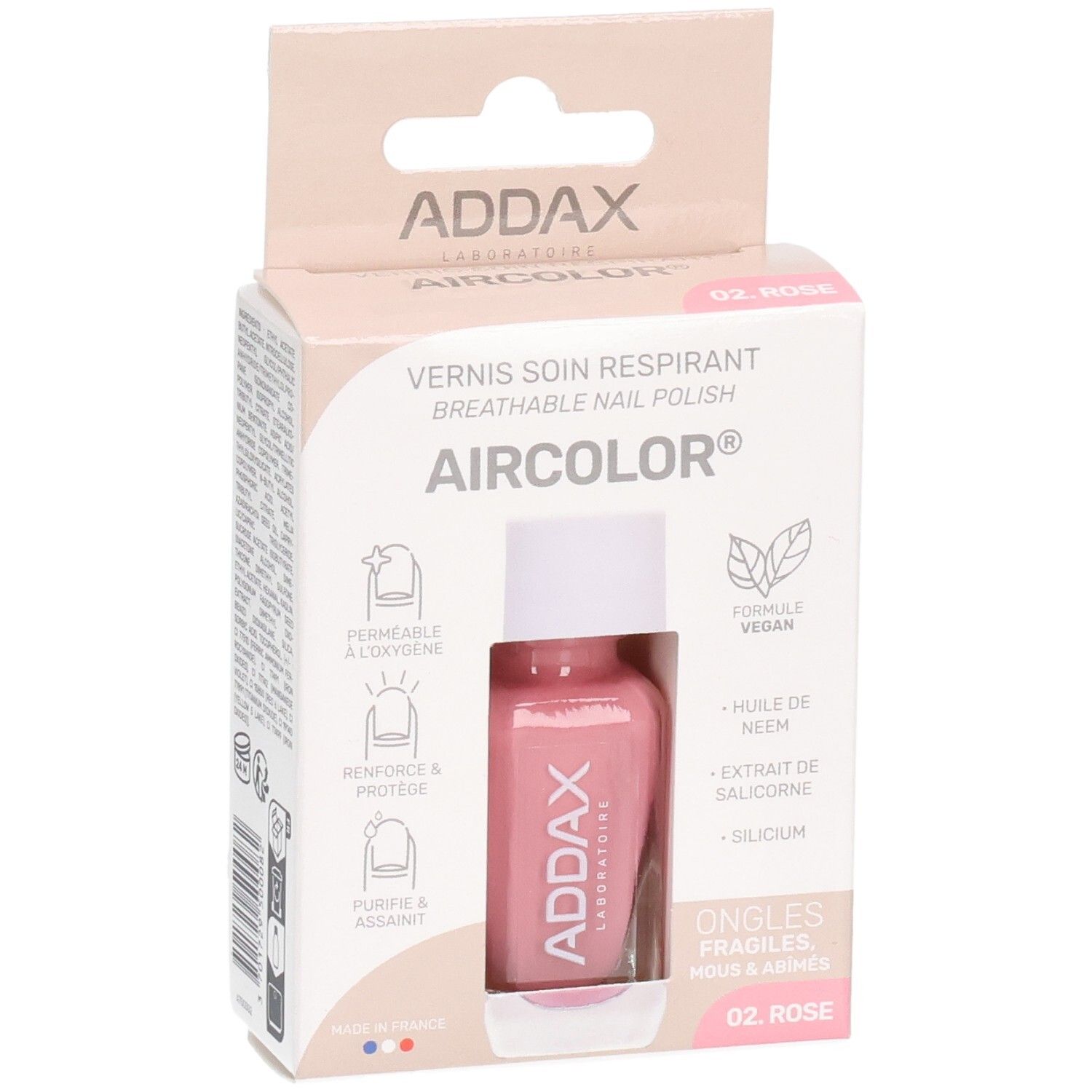 Rosa Nagellackflasche in Verpackung. Marke ADDAX, Aircolor. Aufschrift: Vernis soin respirant, 02 Rose. Vegan.