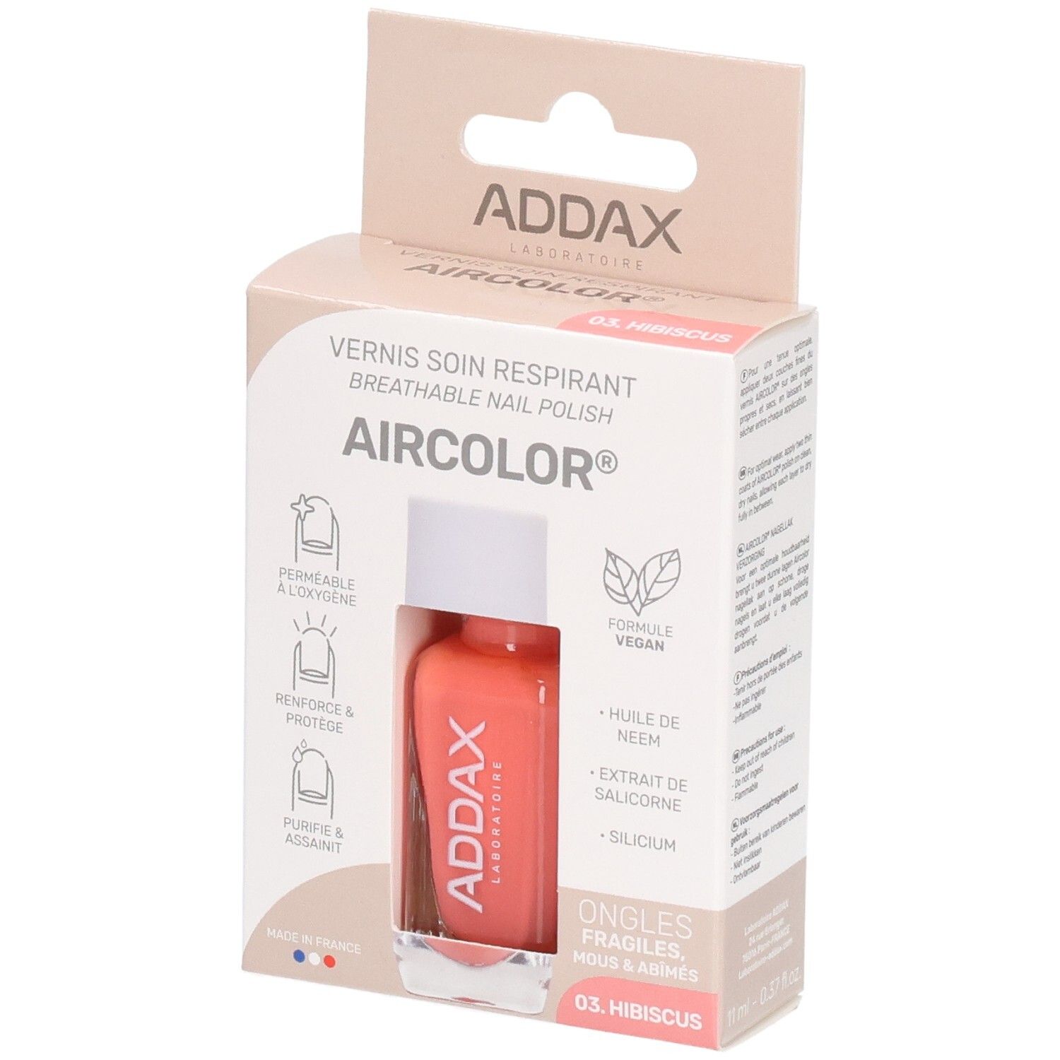 Verpackung mit Nagellackflasche. Rosa Flasche mit weißem Deckel. Aufdruck: ADDAX, AIRCOLOR, 03. Hibiskus.