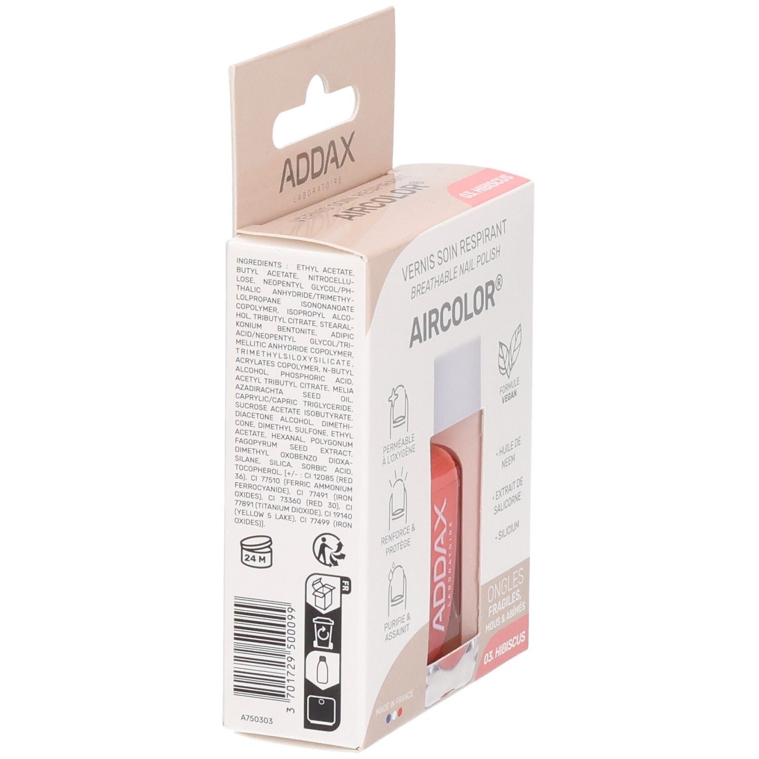 Verpackung mit Inhaltsstoffen und Informationen. Rosa Flasche mit weißem Deckel. Aufdruck: ADDAX, AIRCOLOR.
