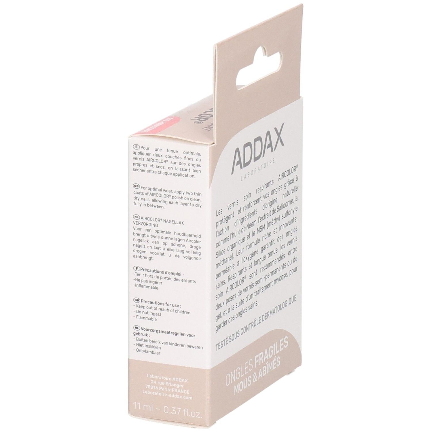 Verpackung mit Text. Aufdruck: ADDAX, AIRCOLOR. Text über atmungsaktiven Nagellack. Für brüchige Nägel.