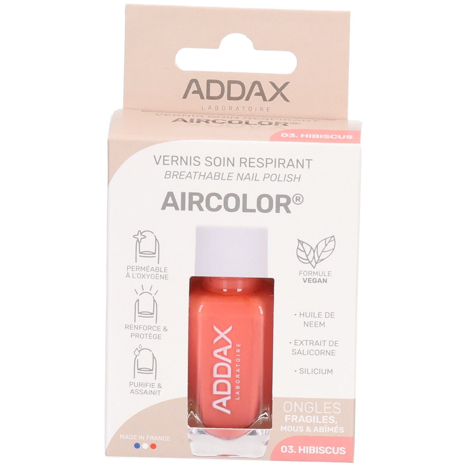 Verpackung mit Nagellackflasche. Rosa Flasche mit weißem Deckel. Aufdruck: ADDAX, AIRCOLOR, 03. Hibiskus.