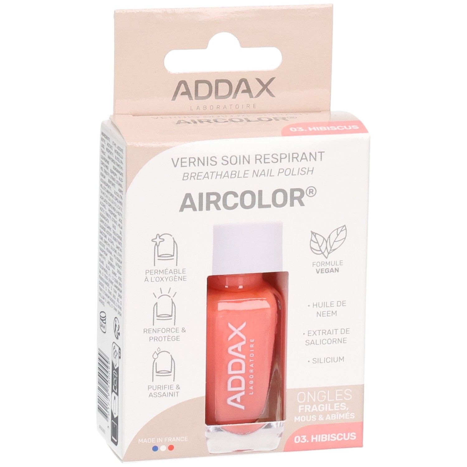 Verpackung mit Nagellackflasche. Rosa Flasche mit weißem Deckel. Aufdruck: ADDAX, AIRCOLOR, 03. Hibiskus.