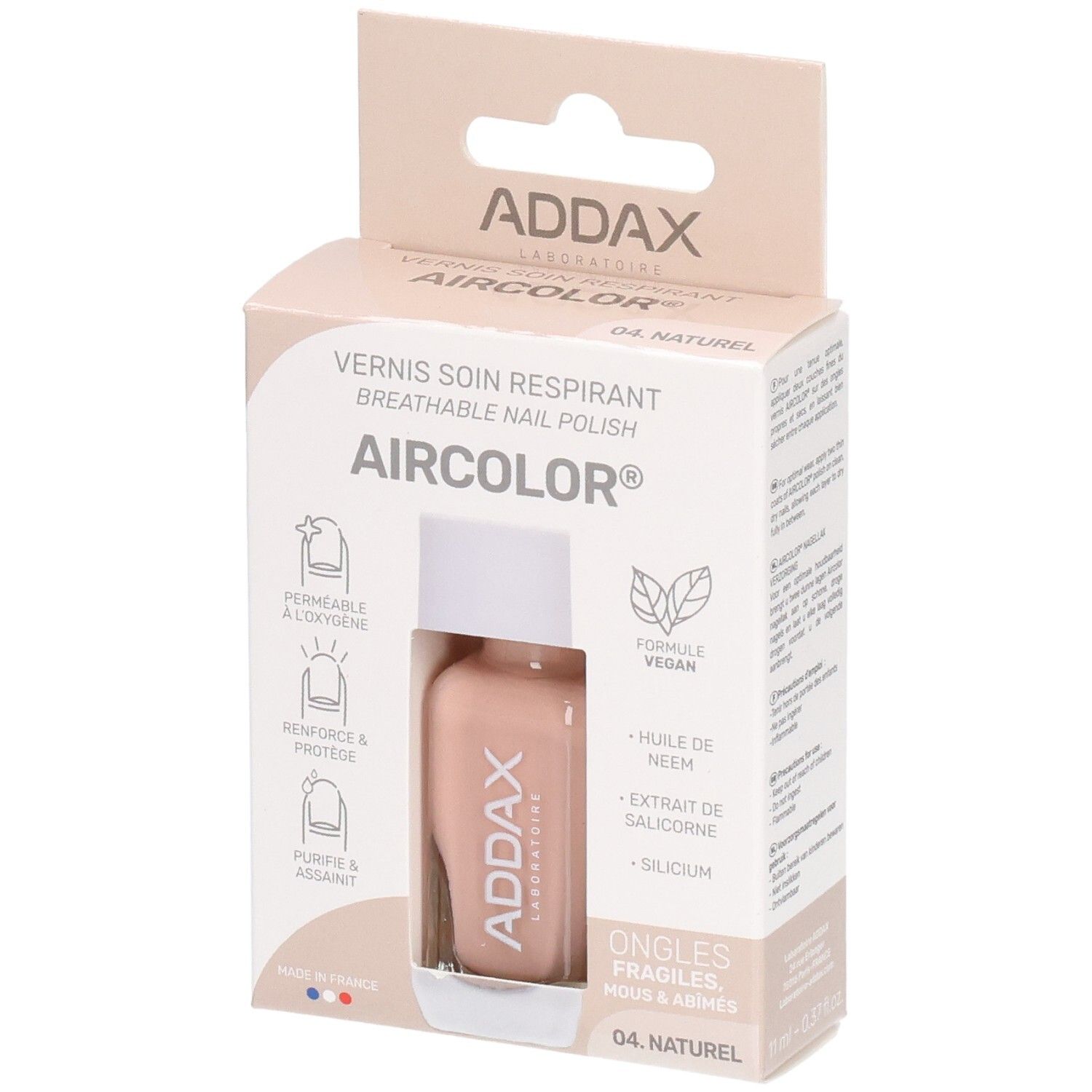 Nagellack-Fläschchen in Kartonverpackung. Marke ADDAX. Farbe: 04 Naturel. Vegan, atmungsaktiv, für brüchige Nägel.