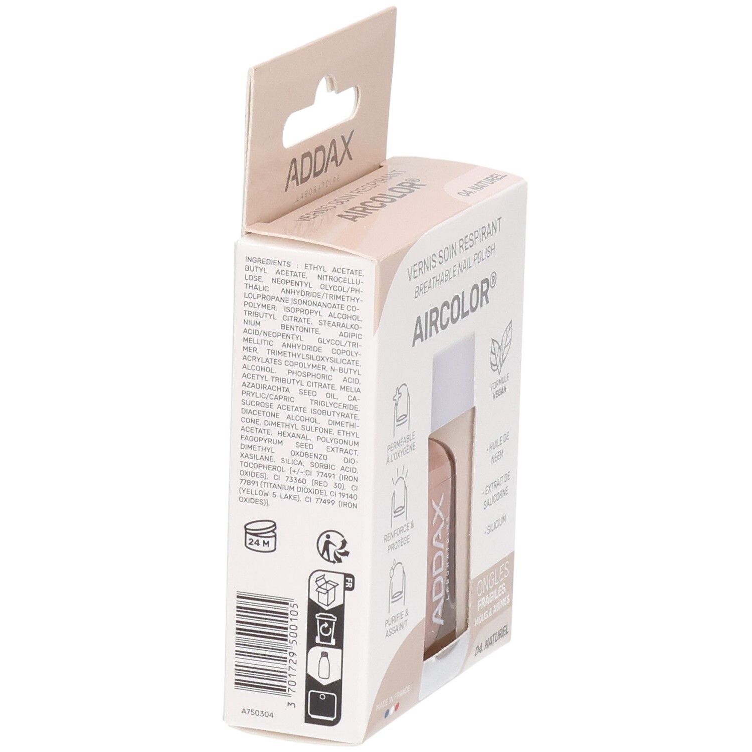 Kartonverpackung mit Nagellack-Fläschchen. Marke ADDAX. Inhaltsstoffe und Eigenschaften aufgedruckt. Farbe: 04 Naturel.