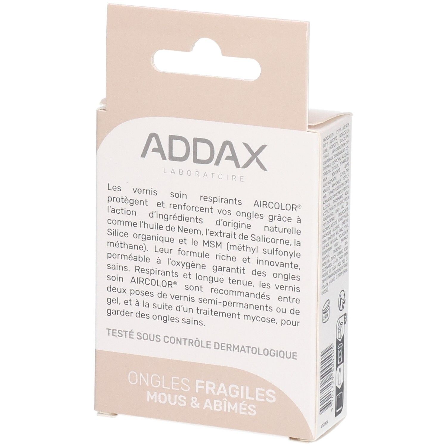 Kartonverpackung mit Text. Marke ADDAX. Für brüchige Nägel. Dermatologisch getestet. Beschreibung der Inhaltsstoffe.