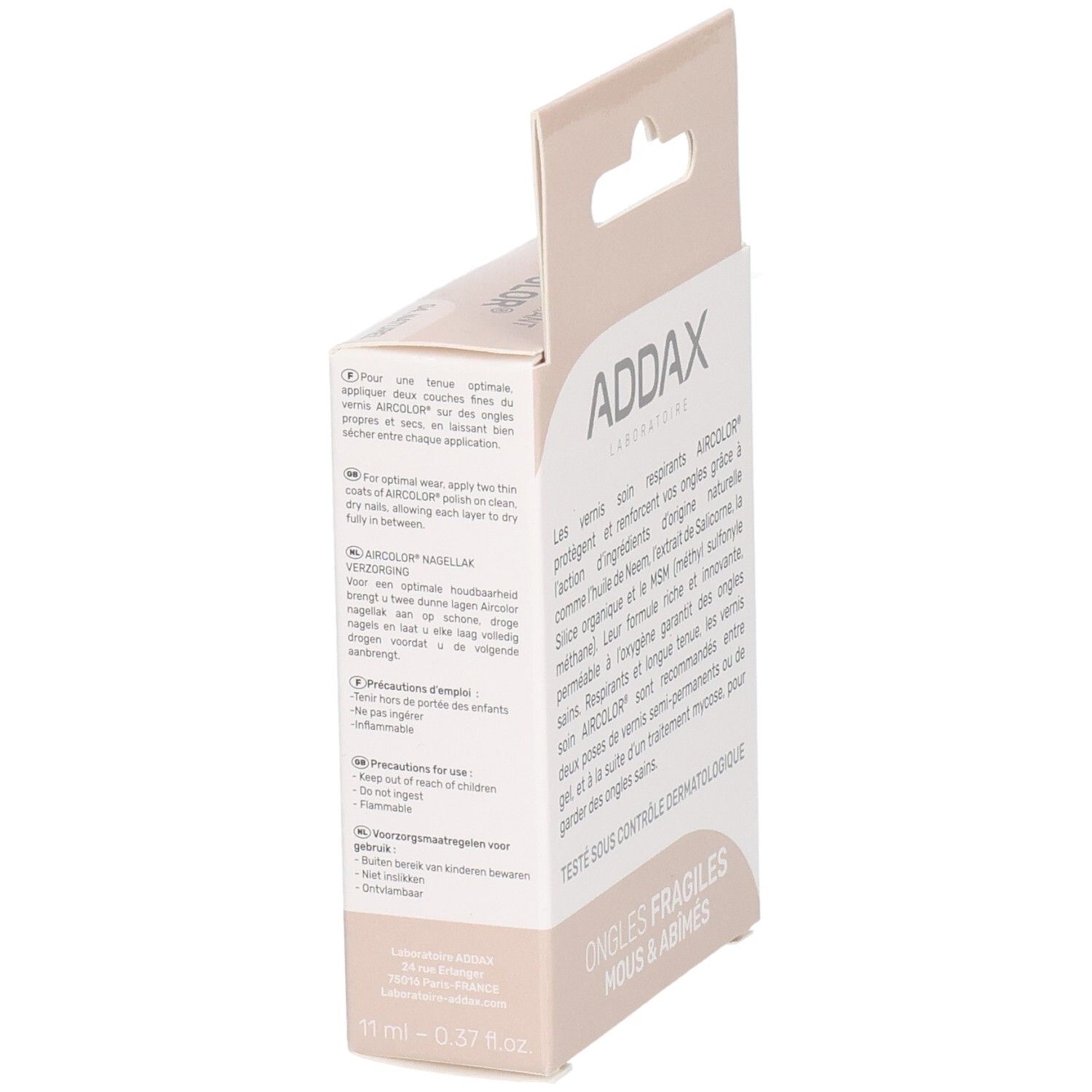 Kartonverpackung mit Text. Marke ADDAX. Gebrauchsanweisung und Warnhinweise. Für brüchige Nägel. 11 ml.