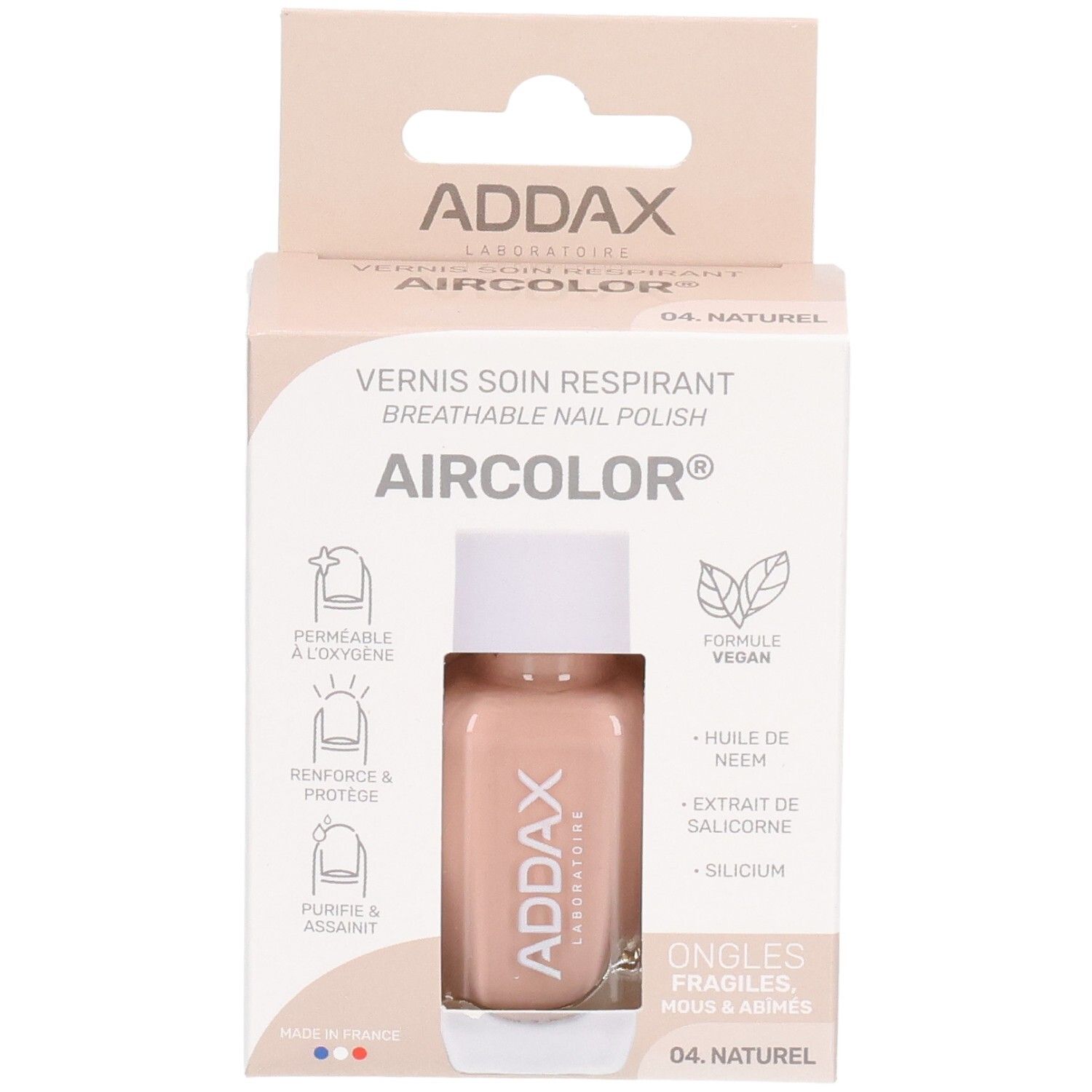 Nagellack-Fläschchen in Kartonverpackung. Marke ADDAX. Farbe: 04 Naturel. Vegan, atmungsaktiv, für brüchige Nägel.