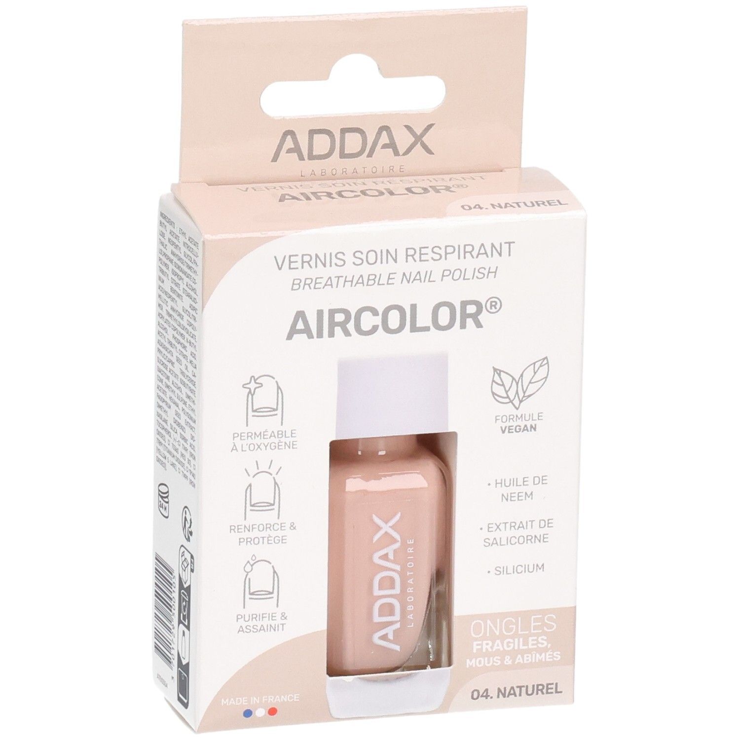 Nagellack-Fläschchen in Kartonverpackung. Marke ADDAX. Farbe: 04 Naturel. Vegan, atmungsaktiv, für brüchige Nägel.