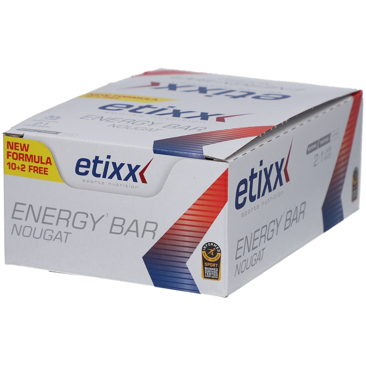 Etixx Energy Bar Nougat-Box. Weiß mit roter und blauer Grafik. Aufschrift: Energy Bar, Nougat, Etixx. Sport-Zertifizierung.