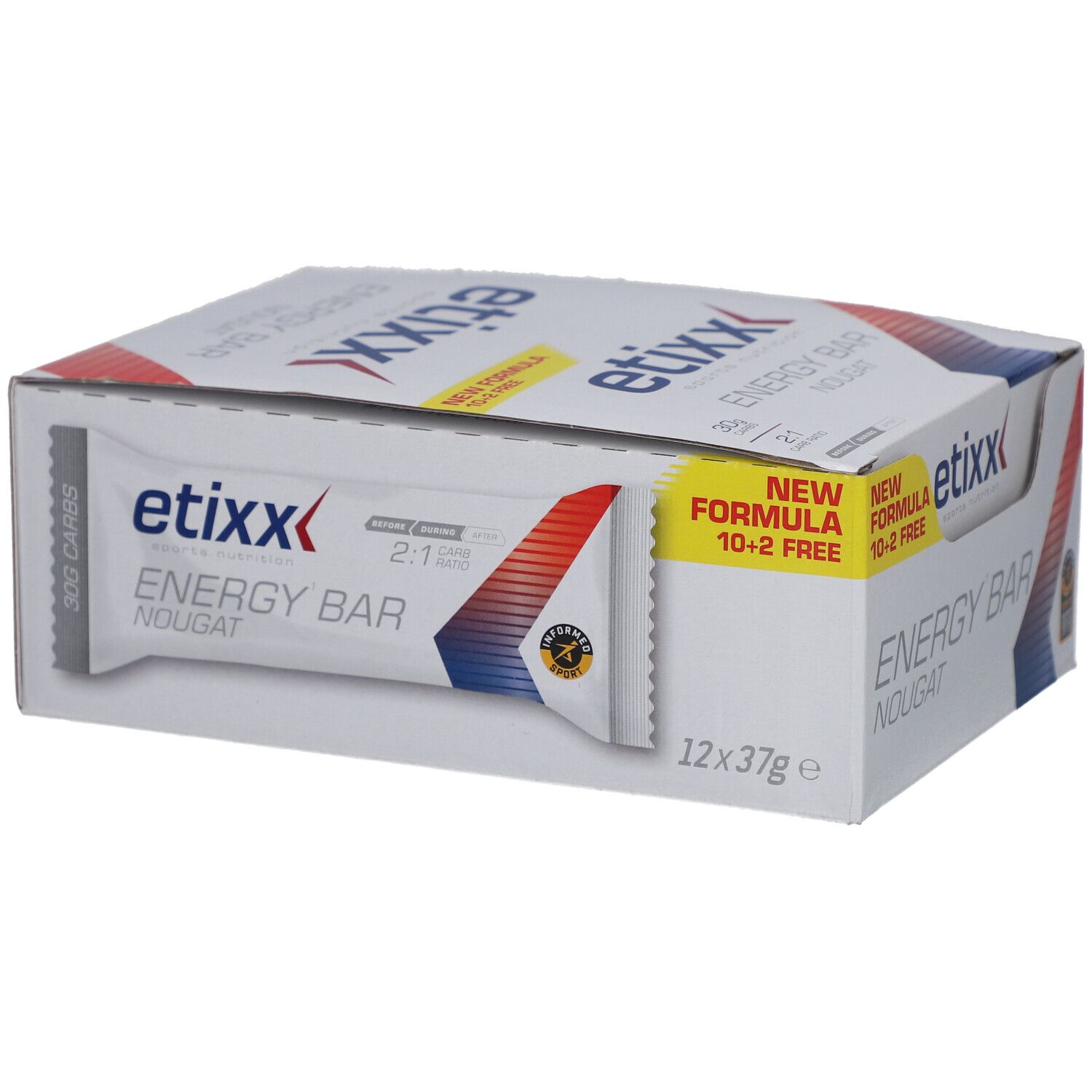 Etixx Energy Bar Nougat-Box mit 12 Riegeln. Weiß mit roter und blauer Grafik. Aufschrift: Energy Bar, Nougat, Etixx. 12x37g.