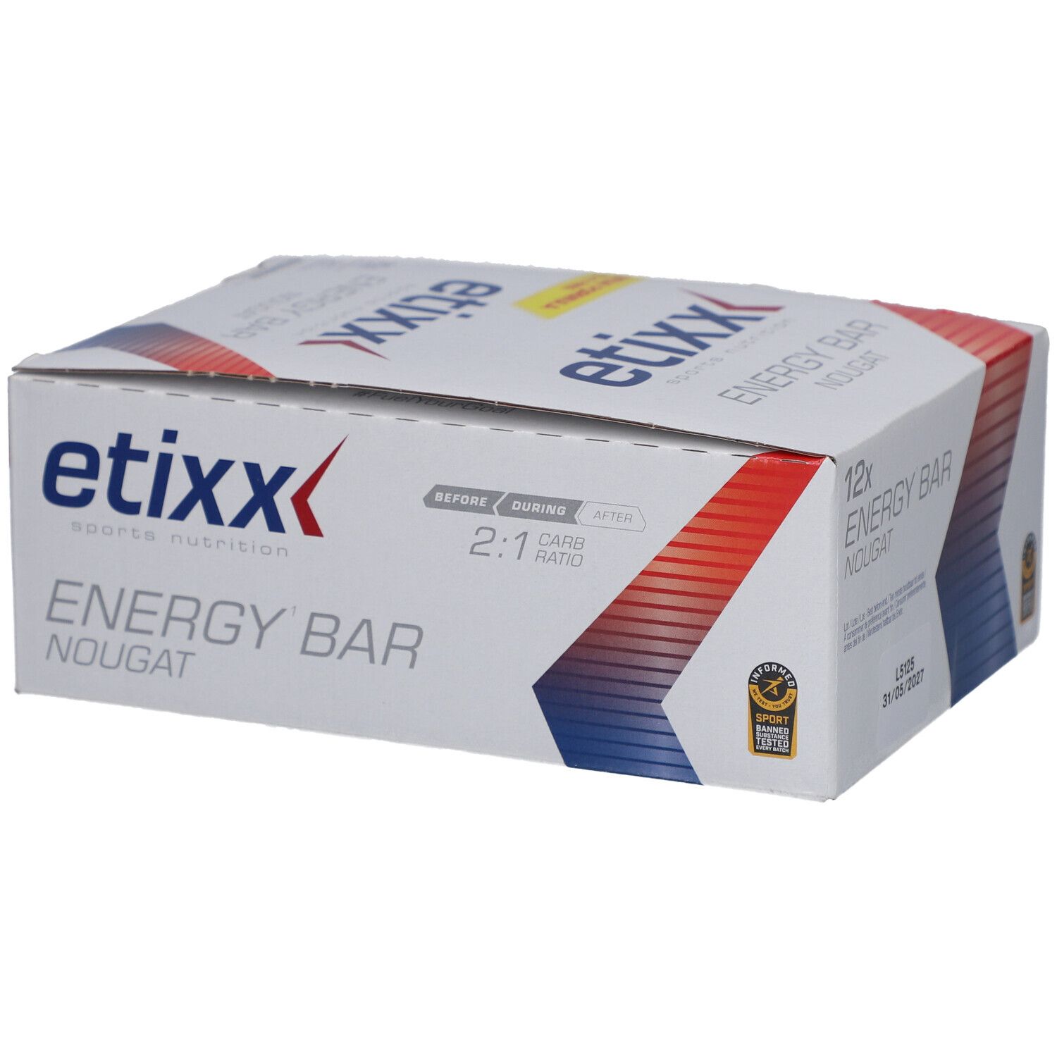 Etixx Energy Bar Nougat-Box. Weiß mit roter und blauer Grafik. Aufschrift: Energy Bar, Nougat, Etixx. 2:1 Carb Ratio. Sport-Zertifizierung.